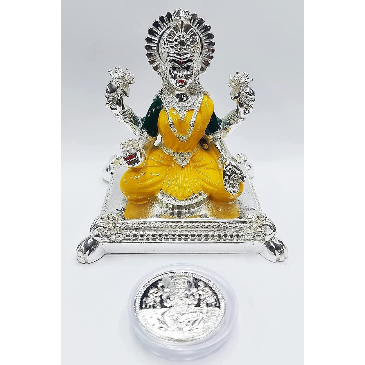 Gold Art India Silver Plated pata laxmi Ganesha Idol with Yellow Enamel Terracotta Work with Silver Plated Coin for Diwali Laxmi poojan Diwali Pooja Gifting 3.5 Inches