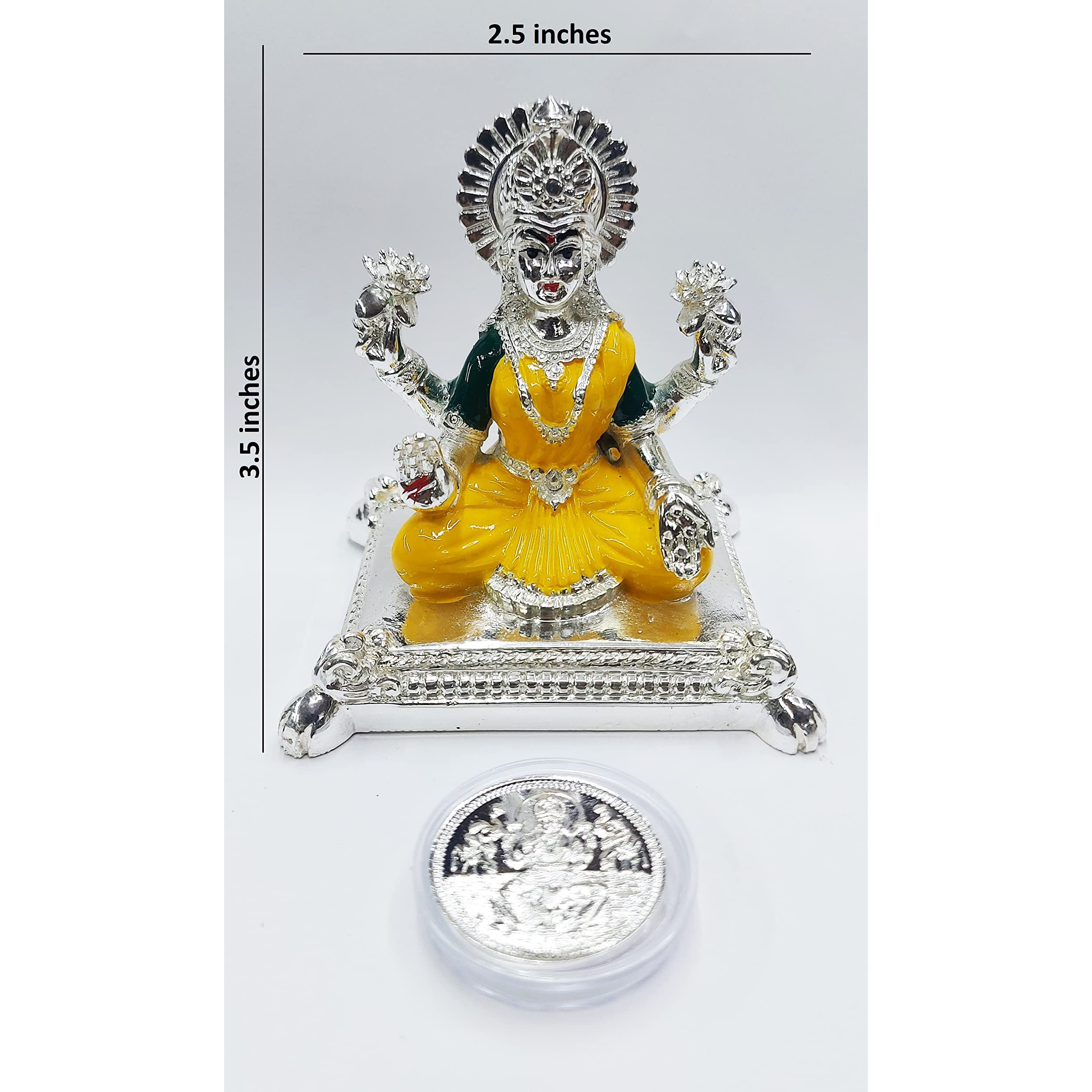 Gold Art India Silver Plated pata laxmi Ganesha Idol with Yellow Enamel Terracotta Work with Silver Plated Coin for Diwali Laxmi poojan Diwali Pooja Gifting 3.5 Inches