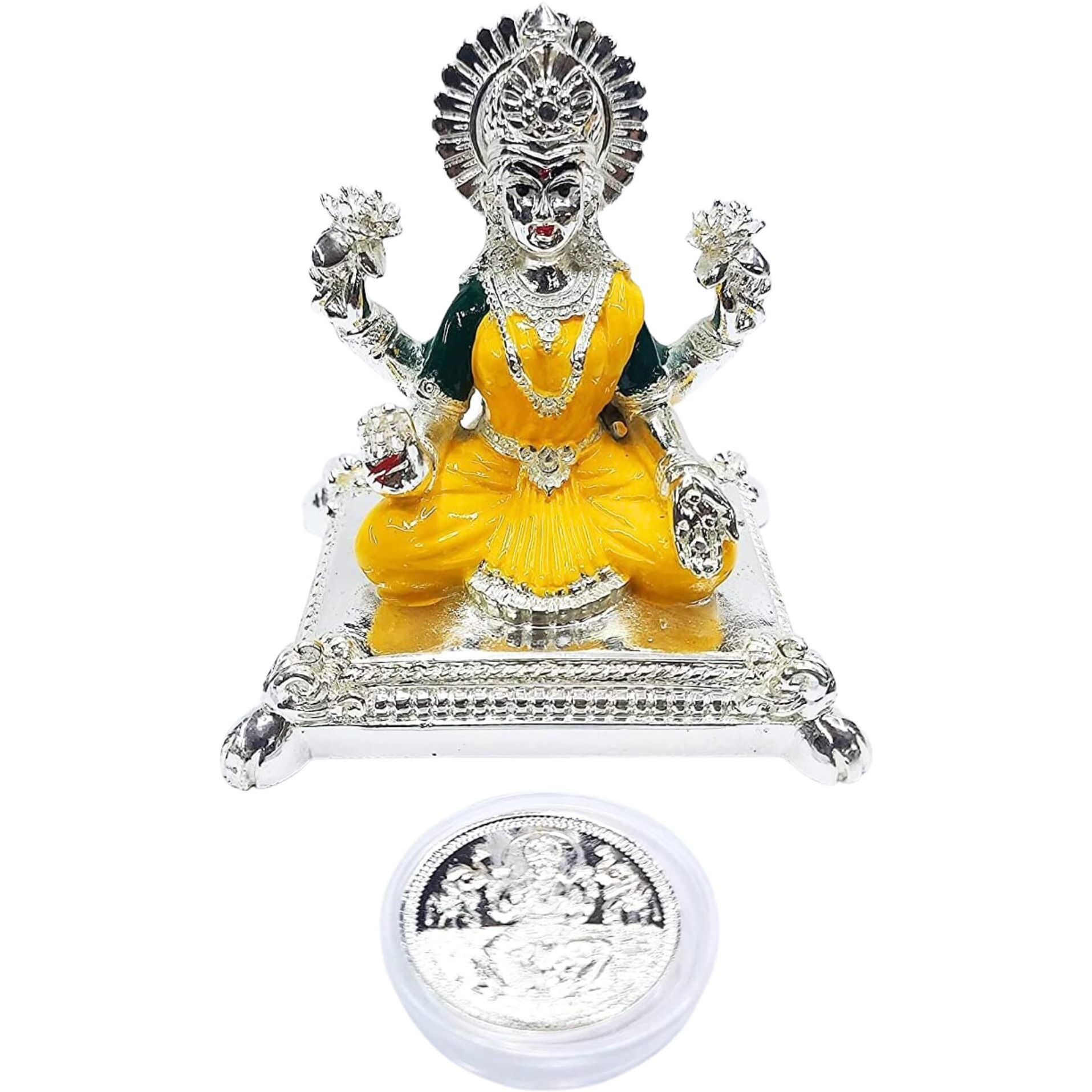 Gold Art India Silver Plated pata laxmi Ganesha Idol with Yellow Enamel Terracotta Work with Silver Plated Coin for Diwali Laxmi poojan Diwali Pooja Gifting 3.5 Inches