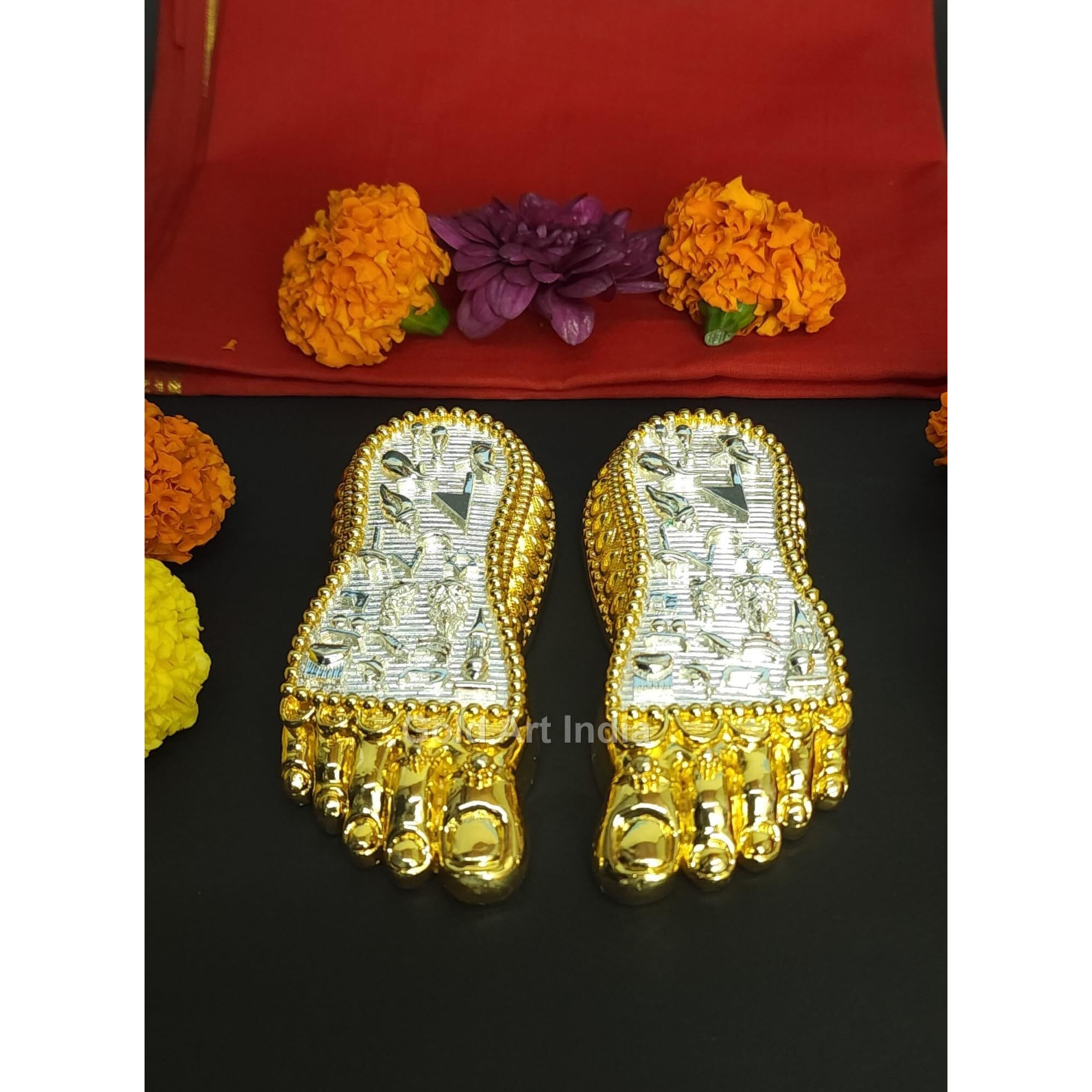 Gold Art India Shri Laxmi Charan Paduka Gold Silver Plated Maa Lakshmi Blessings Feet for Office Home Temple Decor House Warming Any Auspecious Initiation Diwali Pooja Best Gift (4.5 Inch,145gms)