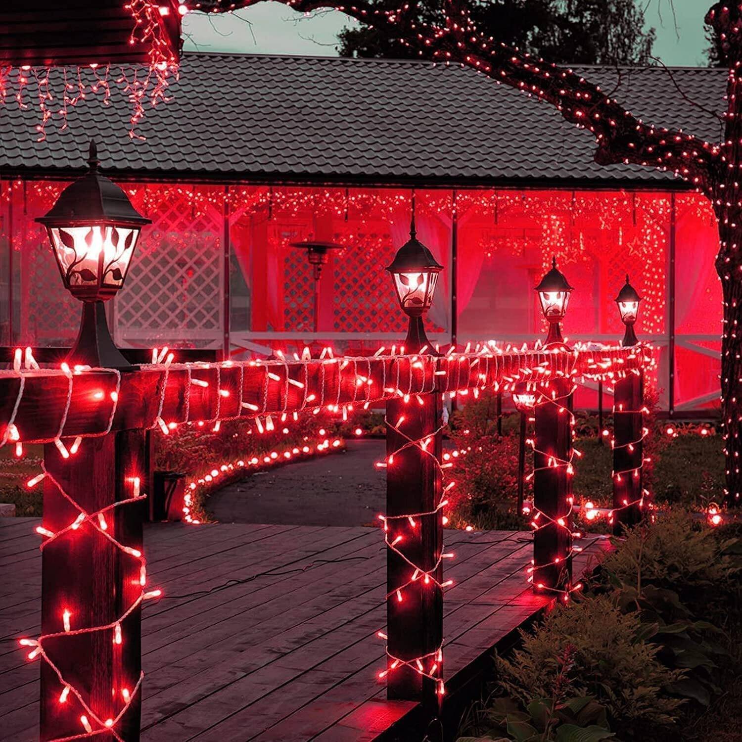 PESCA LED String Lights Serial Bulbs Ladi Decoration Lighting for Diwali Christmas (20 Meters) - Set of 2, Red