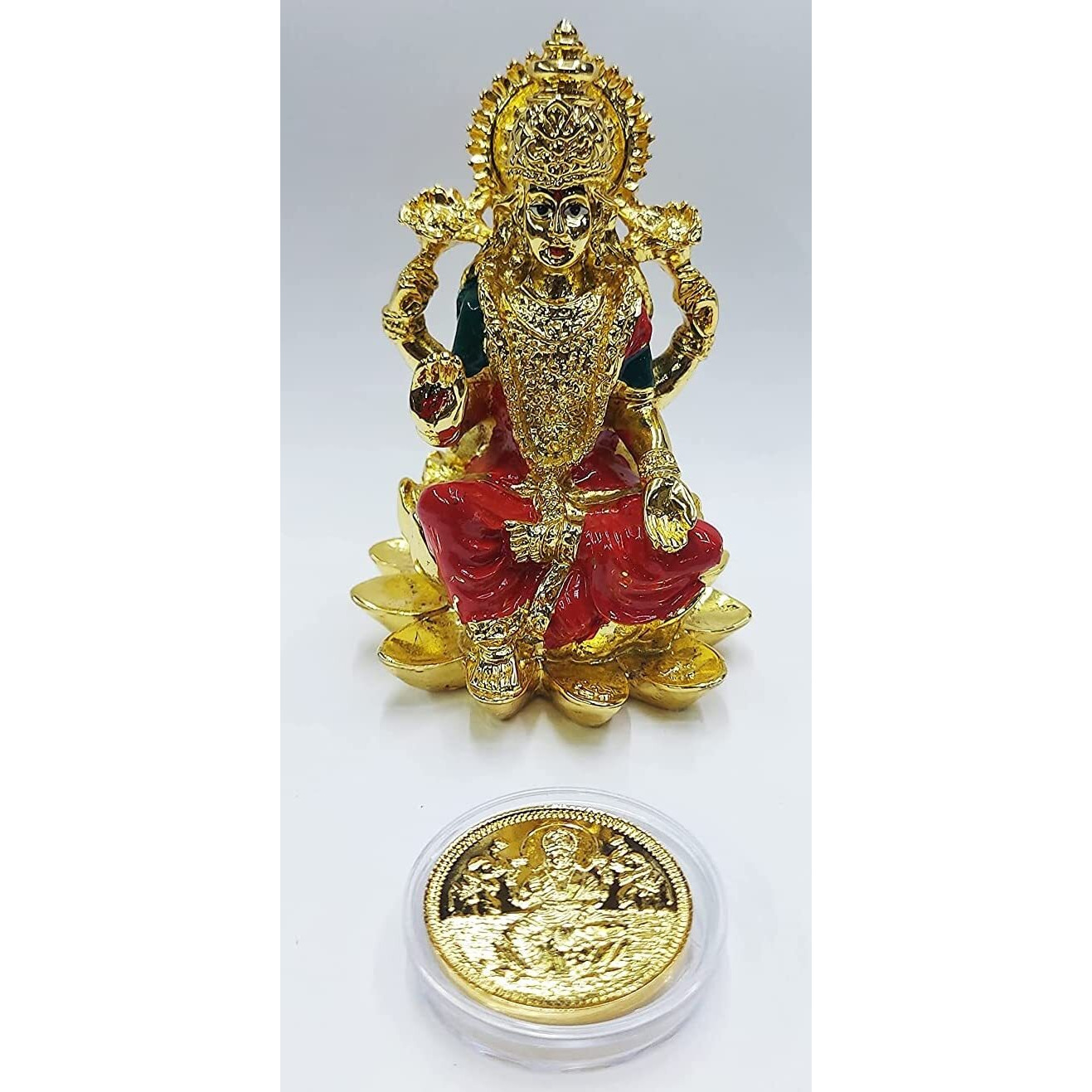 Gold Art India Gold plated laxmi ganesha idol with orange enamel color work with gold plated coin | for Diwali | Laxmi poojan | Diwali Pooja | Gifting (Old kamal laxmi gold)