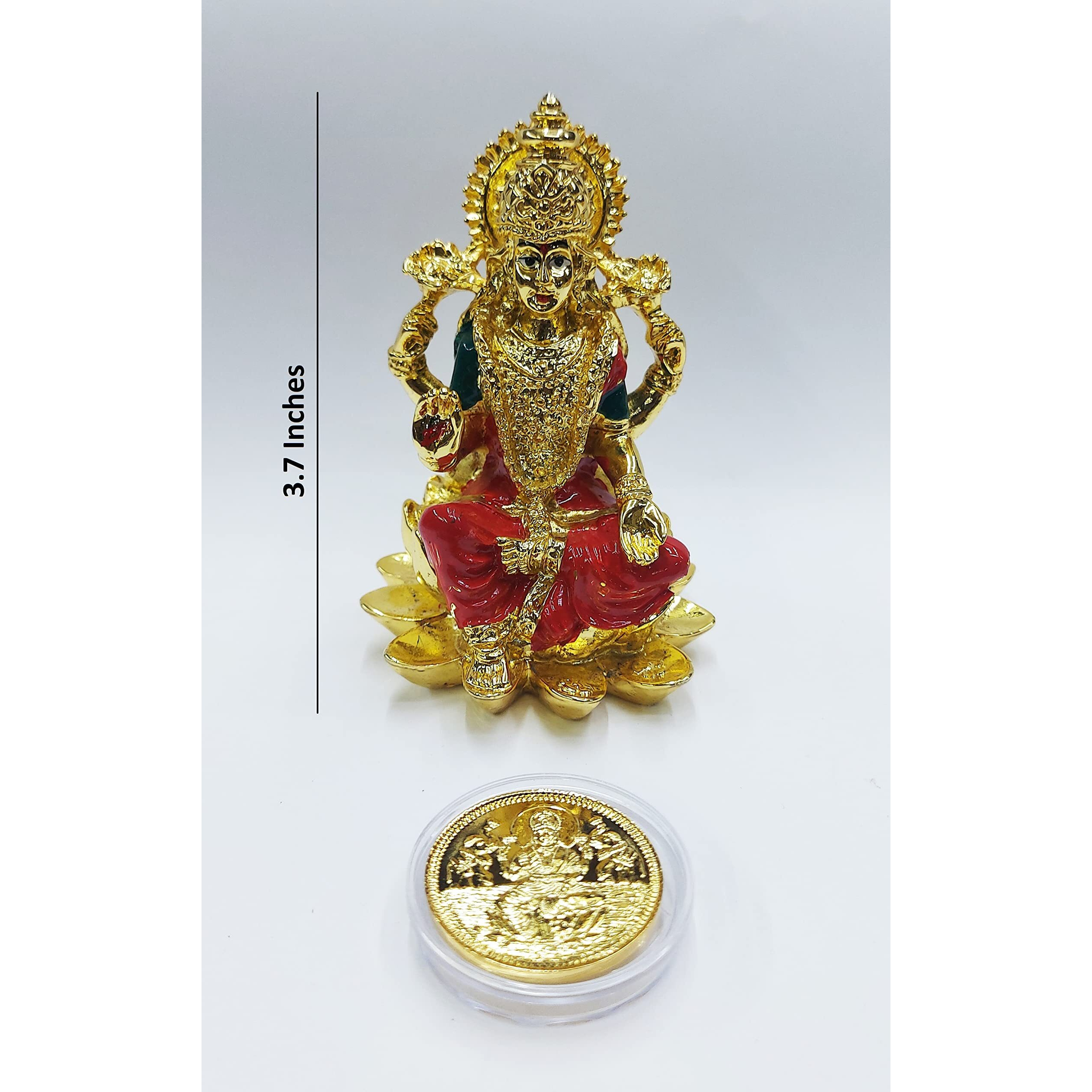 Gold Art India Gold plated laxmi ganesha idol with orange enamel color work with gold plated coin | for Diwali | Laxmi poojan | Diwali Pooja | Gifting (Old kamal laxmi gold)