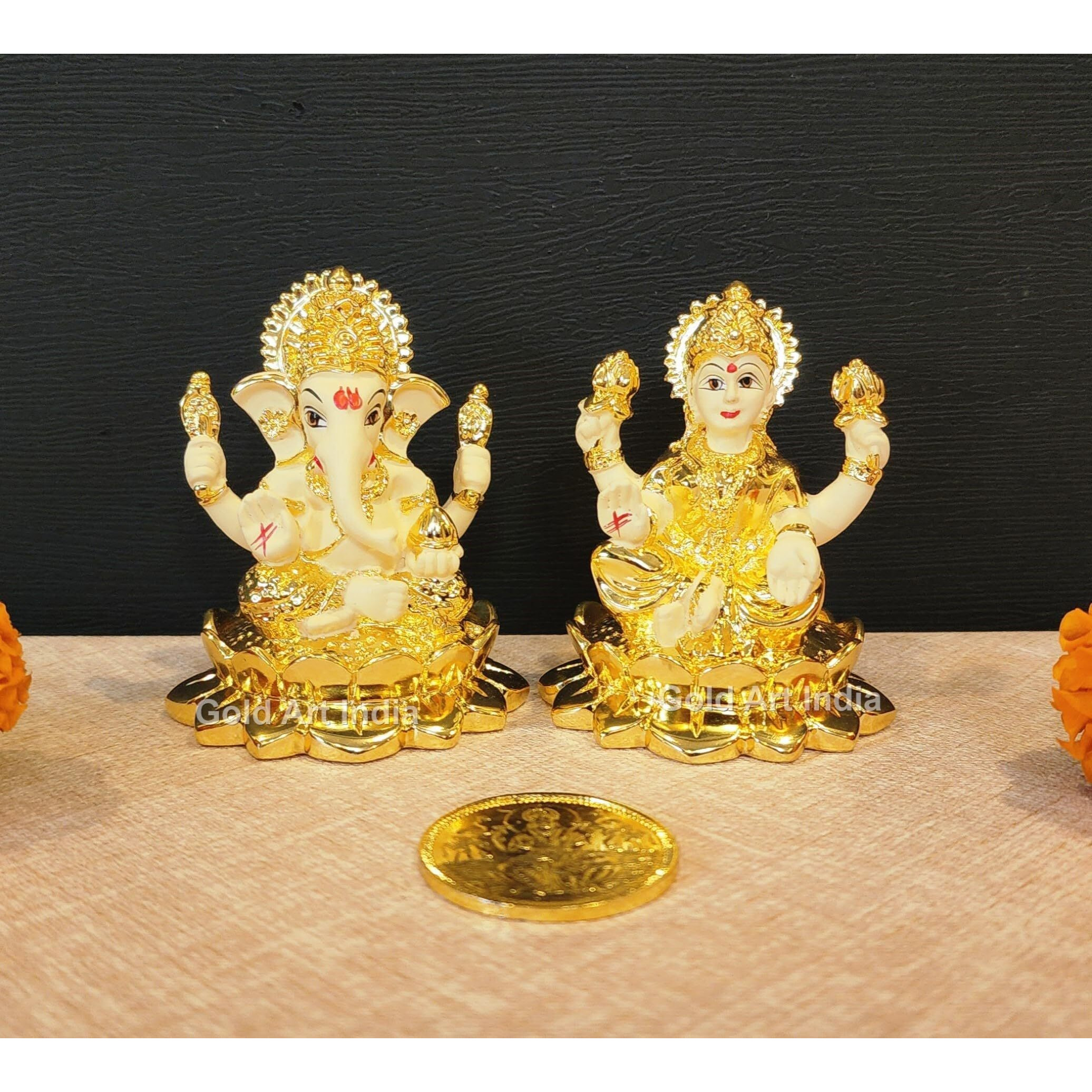Gold Art India Gold Plated Kamal Laxmi Ganesha with Off-White Terracotta Finish | Diwali & Festival Gift Set | Gold plated coin (KAMALLAXGANGOLDOFFWHITE2.8 INCH)