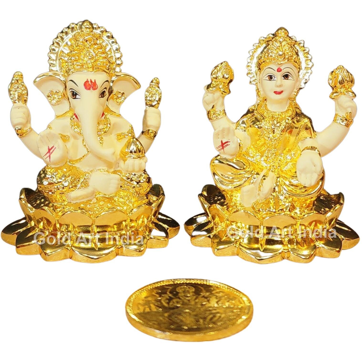 Gold Art India Gold Plated Kamal Laxmi Ganesha with Off-White Terracotta Finish | Diwali & Festival Gift Set | Gold plated coin (KAMALLAXGANGOLDOFFWHITE2.8 INCH)