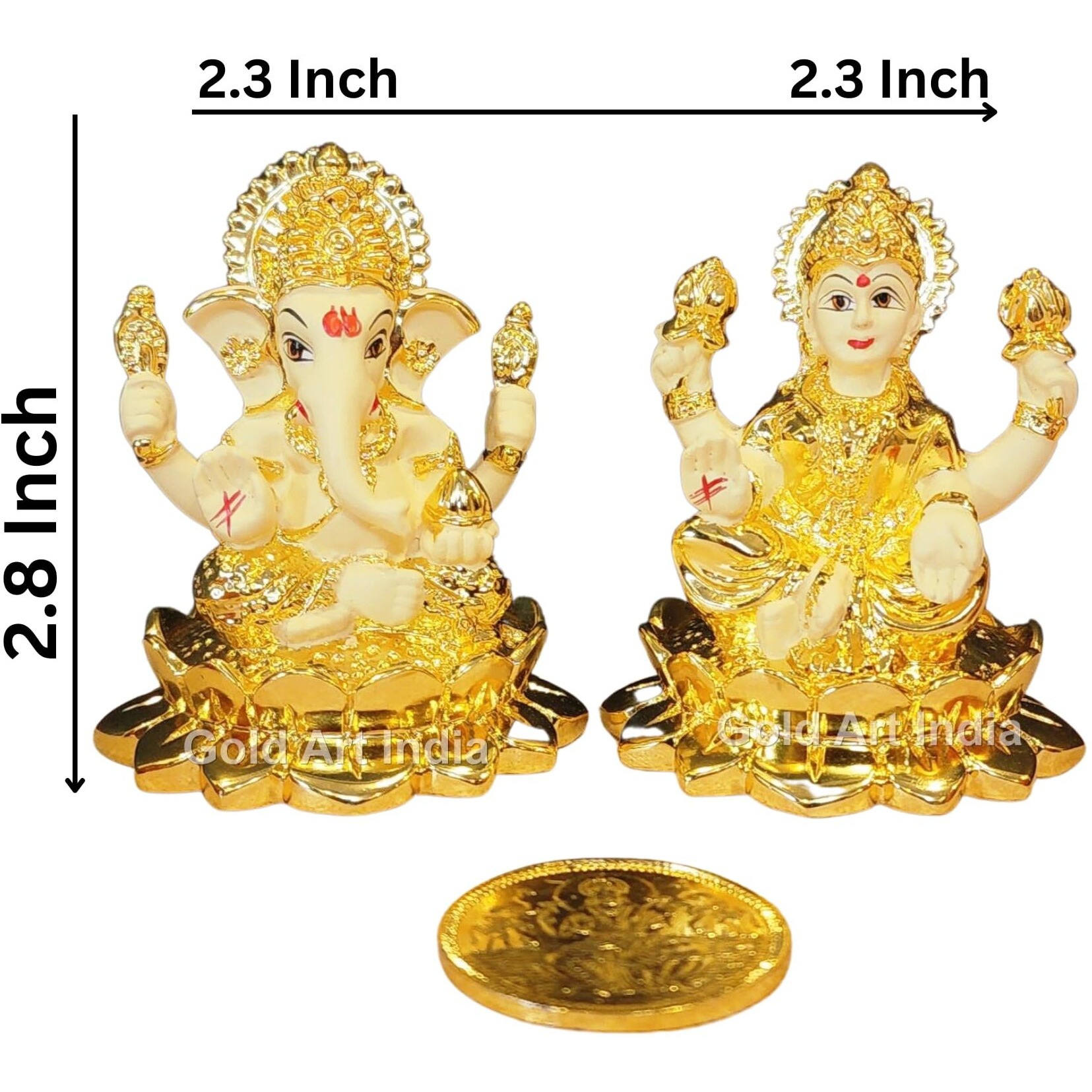 Gold Art India Gold Plated Kamal Laxmi Ganesha with Off-White Terracotta Finish | Diwali & Festival Gift Set | Gold plated coin (KAMALLAXGANGOLDOFFWHITE2.8 INCH)
