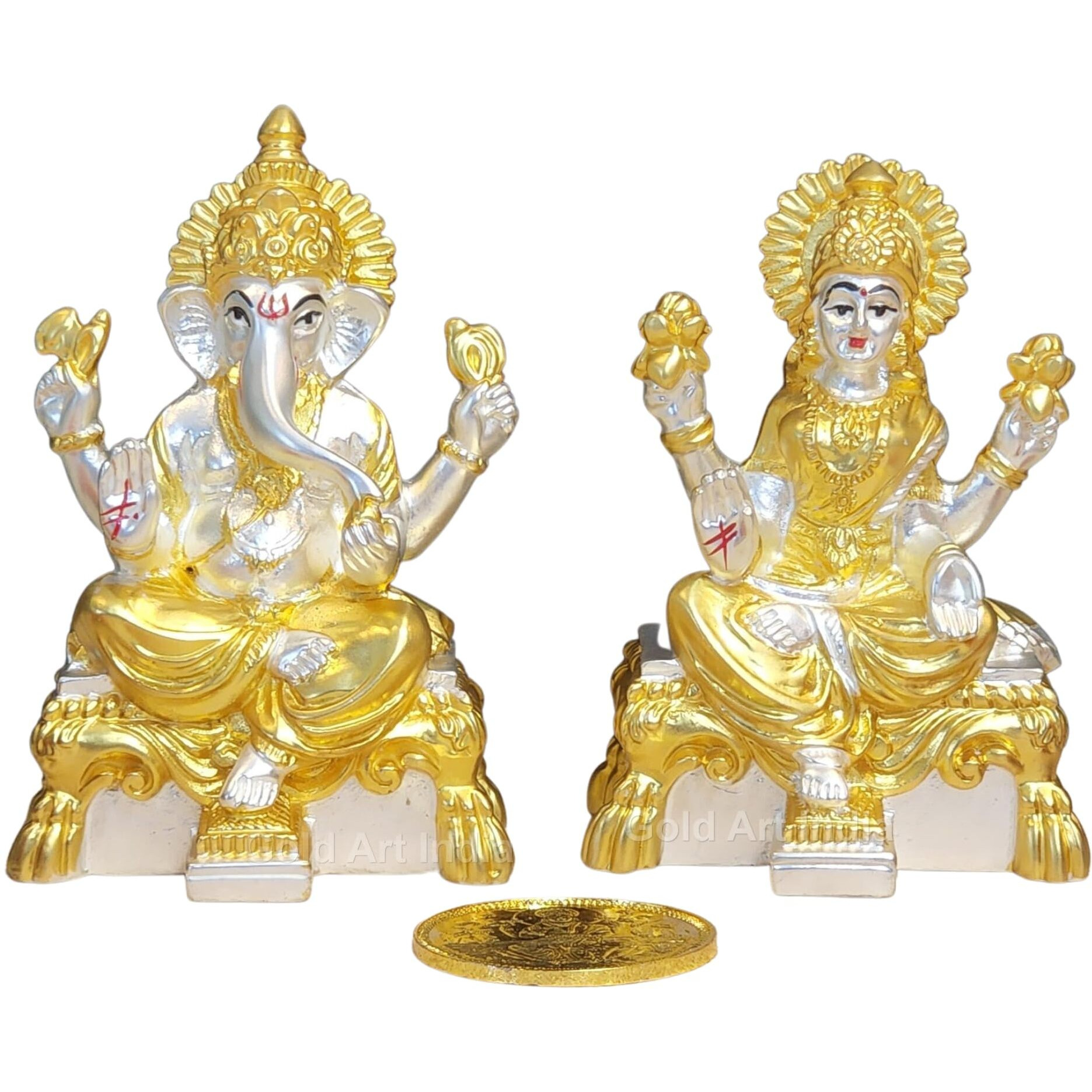 Gold Art India Two Tone Matte Peeth Laxmi Ganesha Idols | Perfect for Diwali & Festive Gifts with gold plated coin (LAXGANPEETHTWOTONEMATTE)