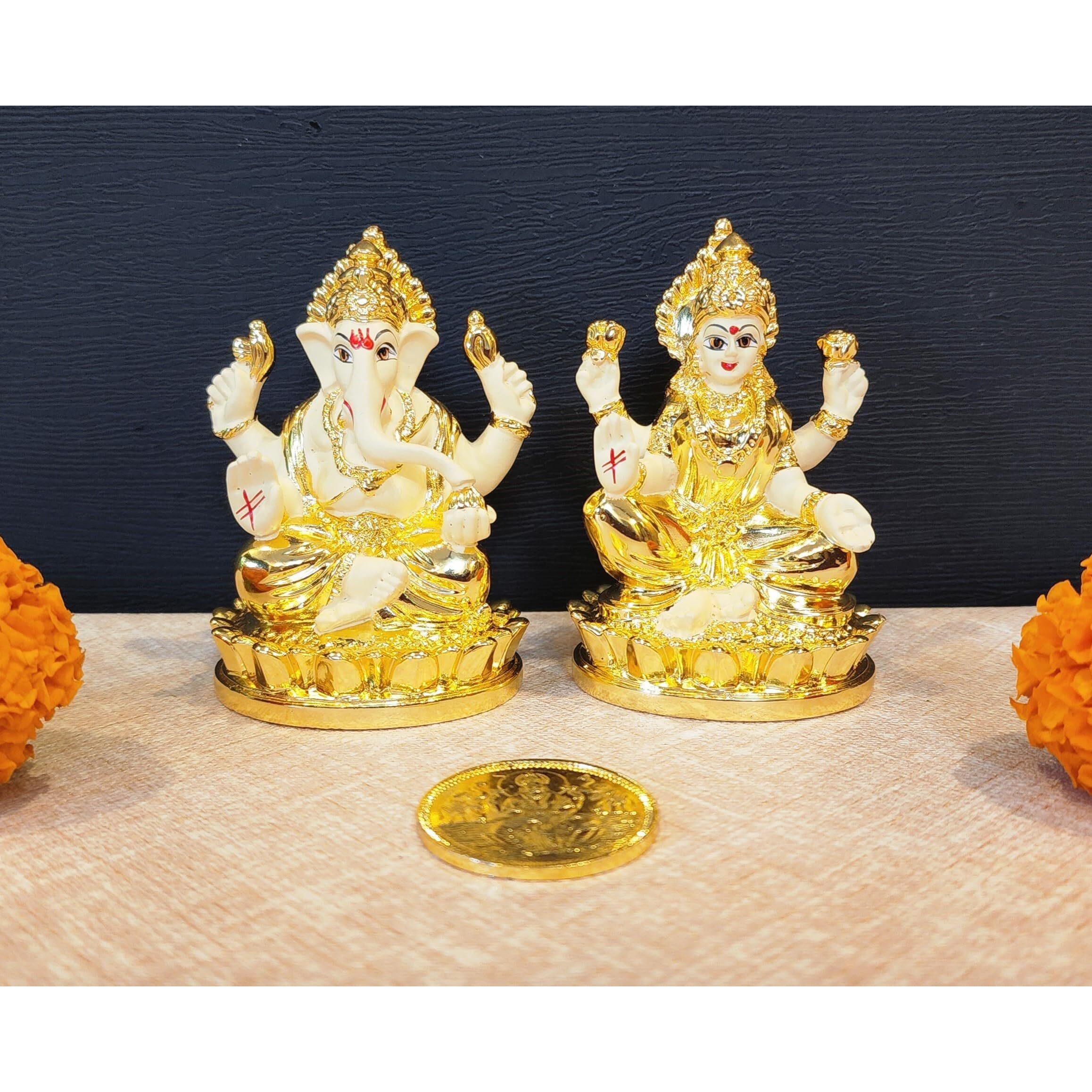 Gold Art India Gold-Plated Laxmi Ganesha Idol with Off-White Terracotta Finish | Gold Plated Coin | Puja | Diwali | Corporate Gifting (LAXGANOVALKAMALGOLDOFFWHITE 3)