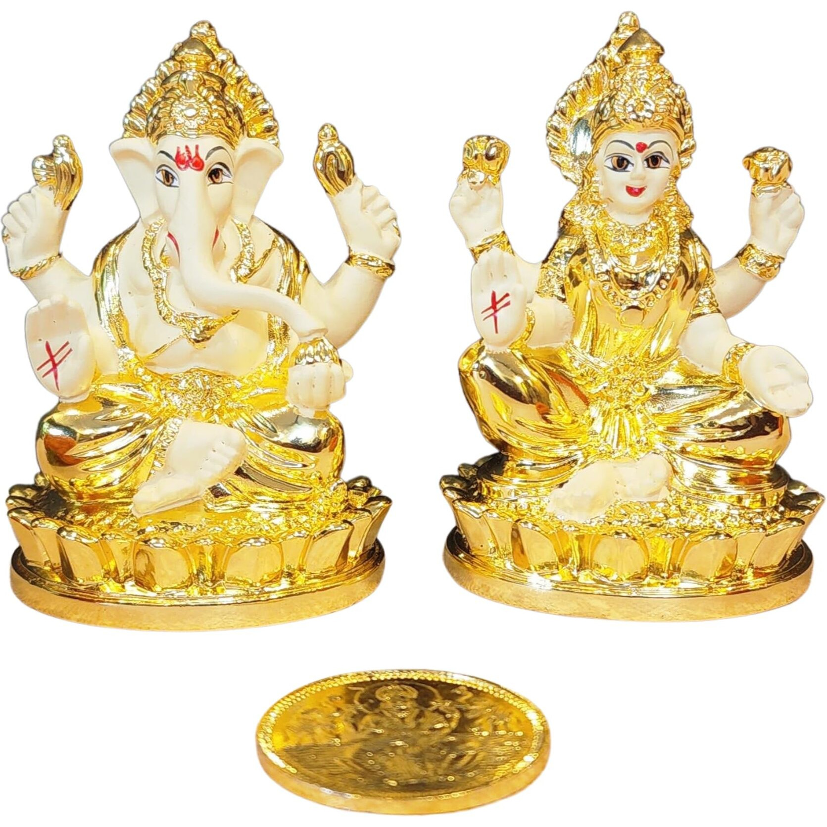 Gold Art India Gold-Plated Laxmi Ganesha Idol with Off-White Terracotta Finish | Gold Plated Coin | Puja | Diwali | Corporate Gifting (LAXGANOVALKAMALGOLDOFFWHITE 3)
