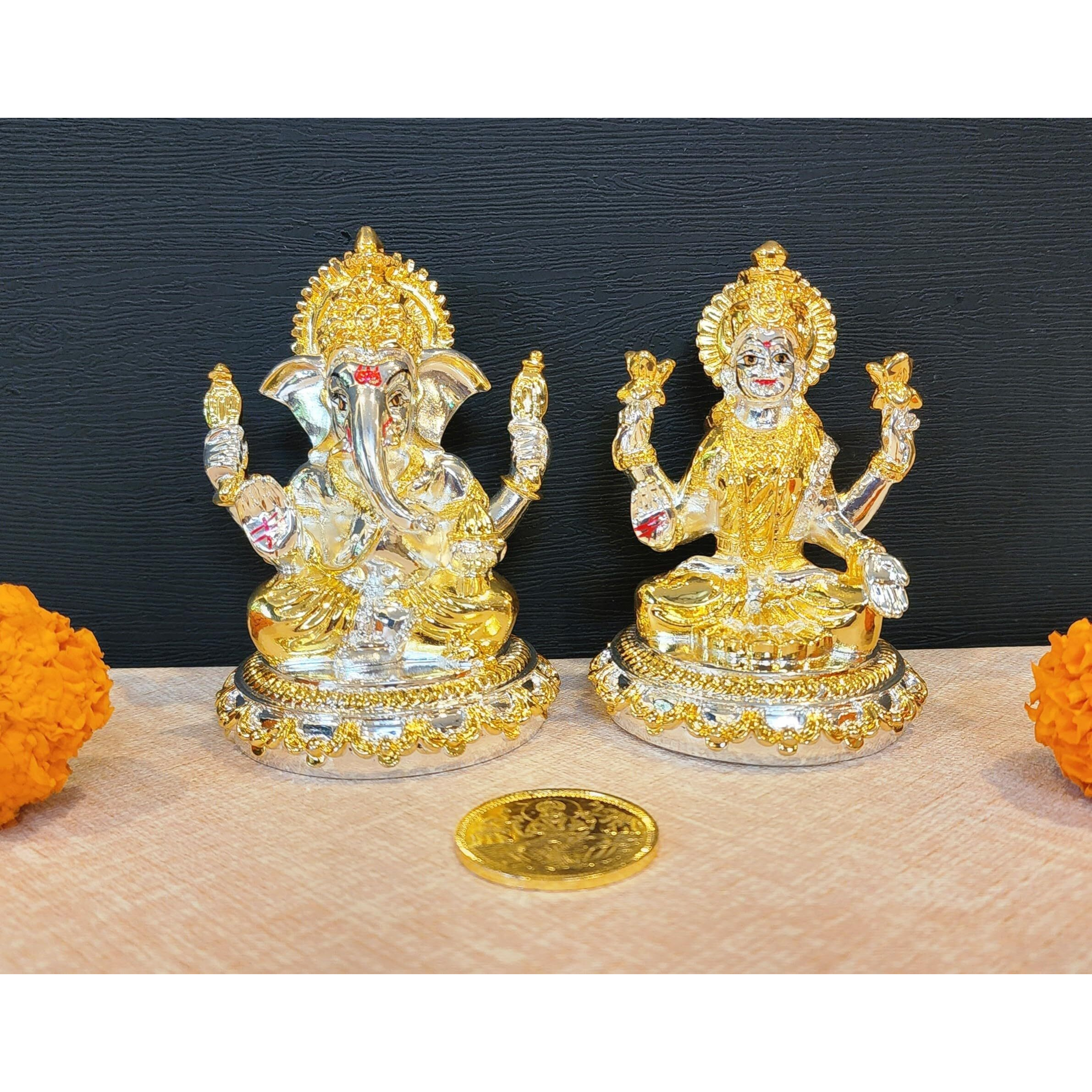 Gold Art India Two Tone (Gold & Silver) 4-Hand Round Base Laxmi Ganesha with Gold Plated Coin | Diwali & Festival Gift Set (4HANDLAXGANBASETWOTONE3.6)