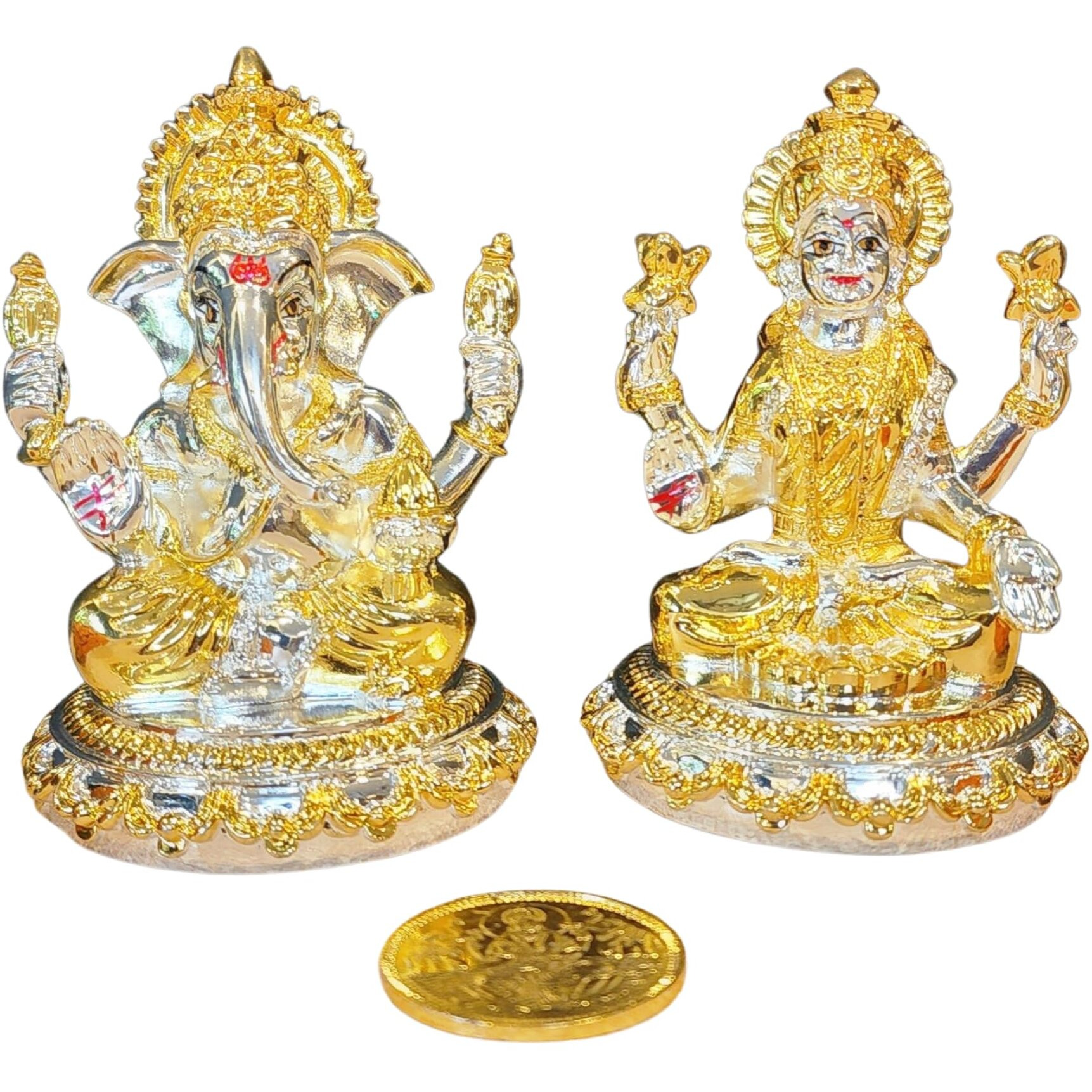 Gold Art India Two Tone (Gold & Silver) 4-Hand Round Base Laxmi Ganesha with Gold Plated Coin | Diwali & Festival Gift Set (4HANDLAXGANBASETWOTONE3.6)