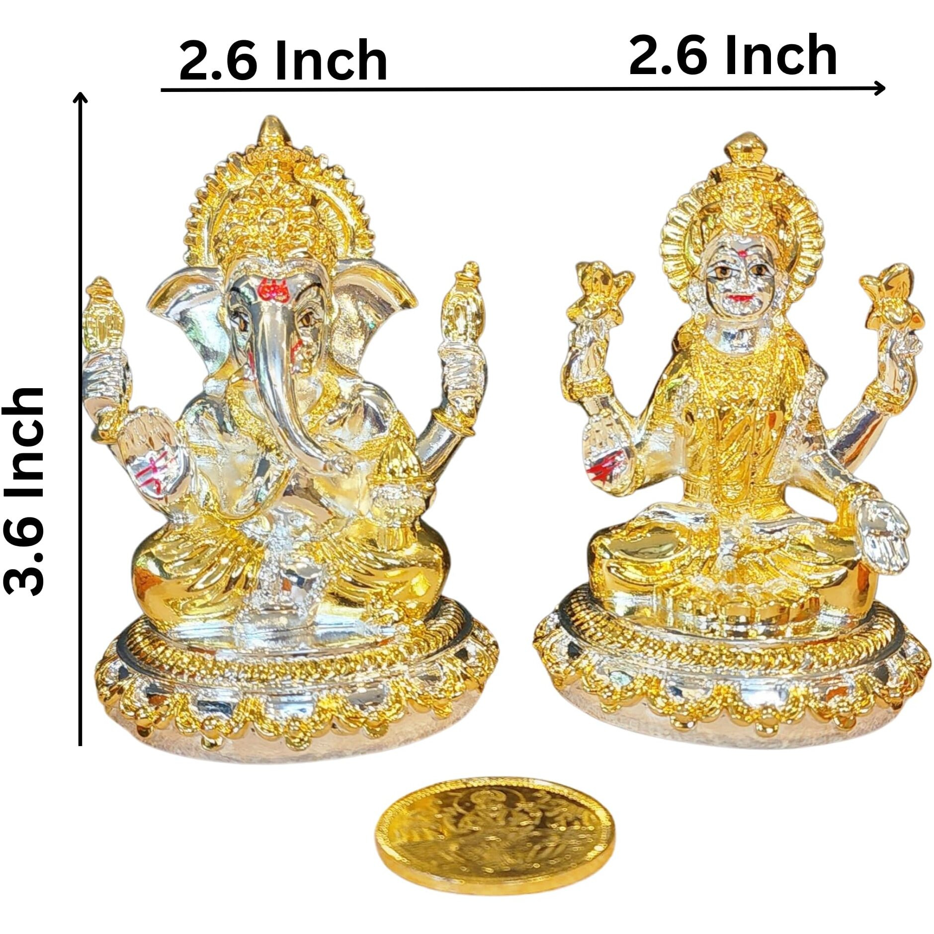 Gold Art India Two Tone (Gold & Silver) 4-Hand Round Base Laxmi Ganesha with Gold Plated Coin | Diwali & Festival Gift Set (4HANDLAXGANBASETWOTONE3.6)