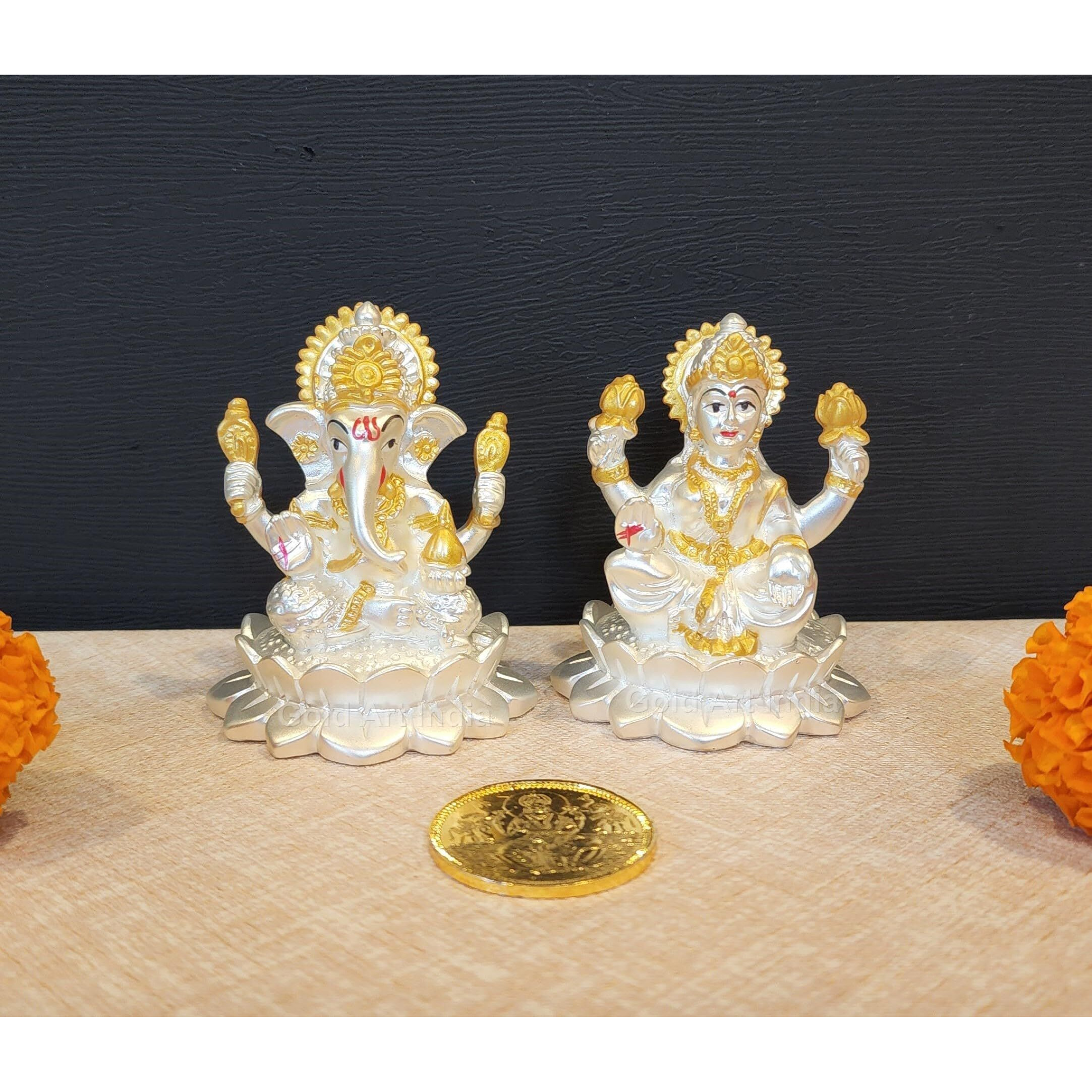Gold Art India Silver Plated Matte Kamal Laxmi Ganesha with gold plated coin | Golden Jewelry Accents | Diwali & Festival Gift Set (KAMALLAXGANSILVERMATTE2.8 INCH)