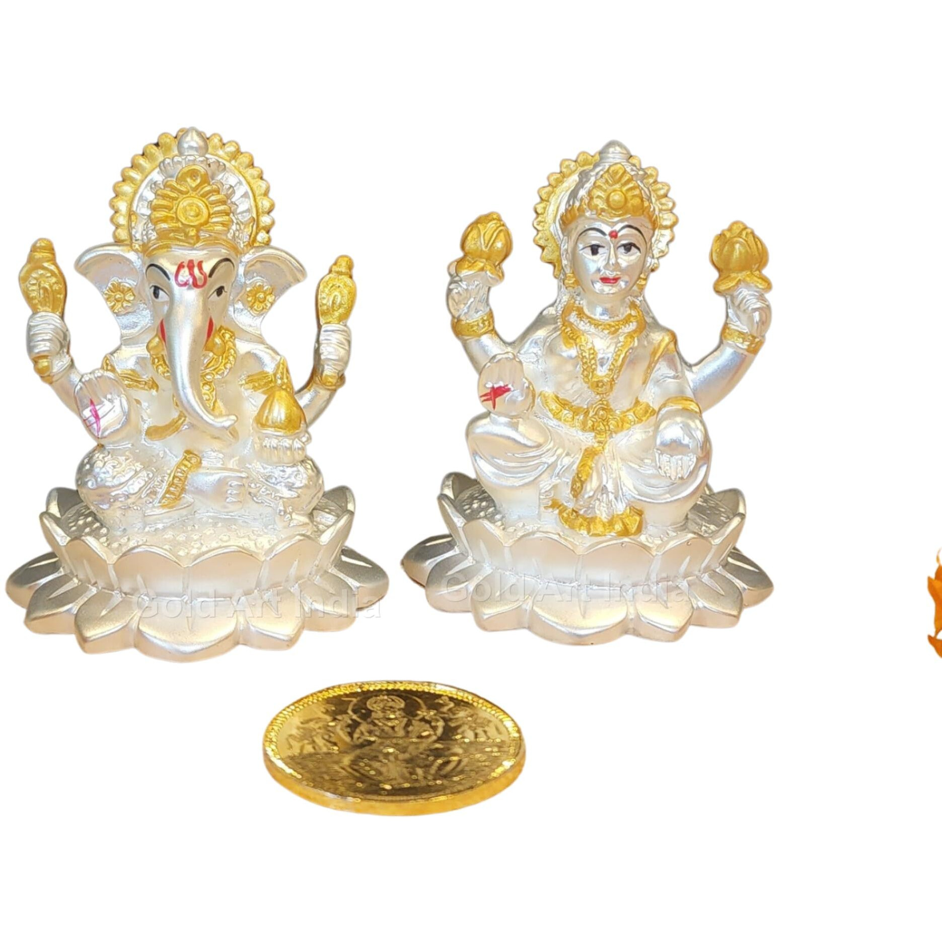 Gold Art India Silver Plated Matte Kamal Laxmi Ganesha with gold plated coin | Golden Jewelry Accents | Diwali & Festival Gift Set (KAMALLAXGANSILVERMATTE2.8 INCH)