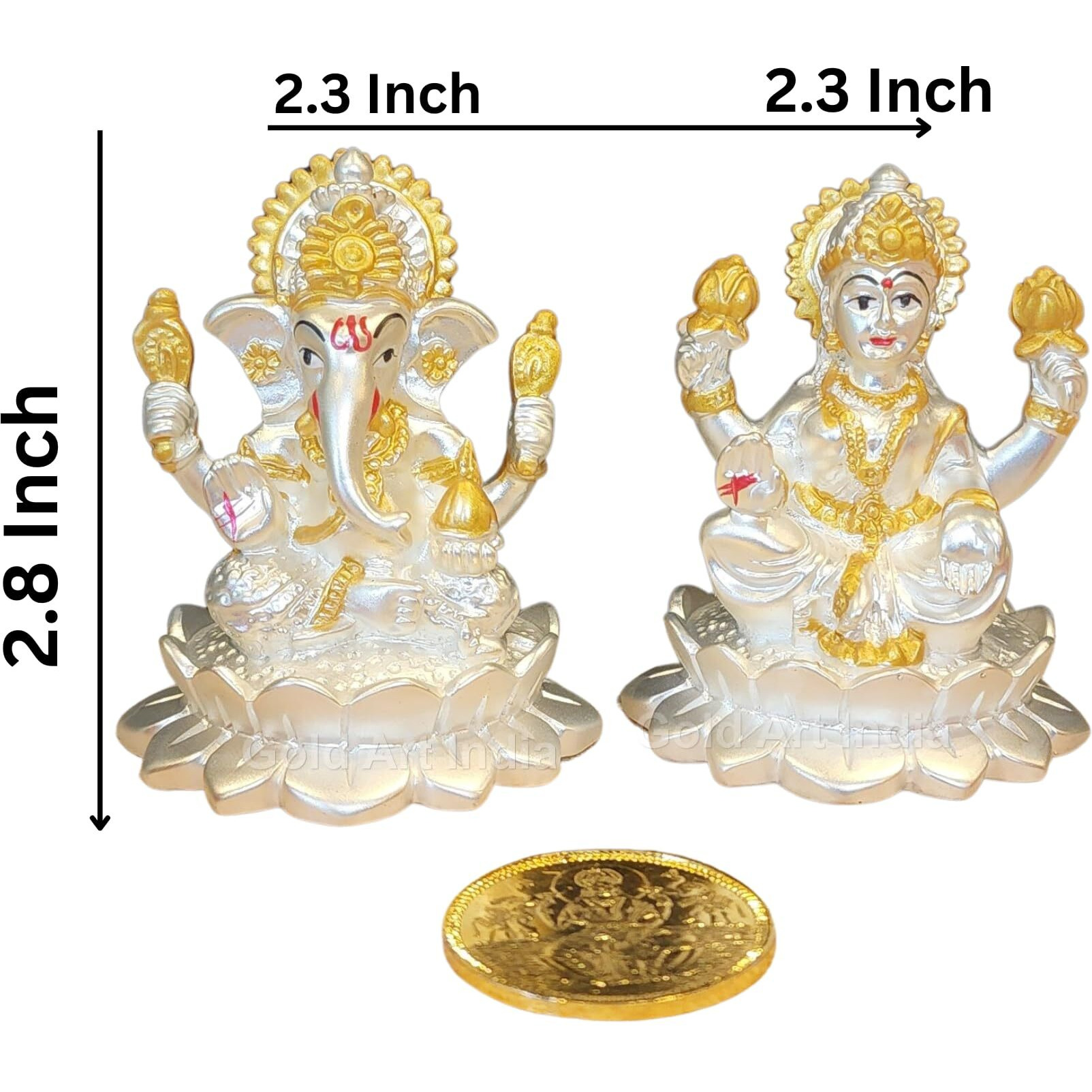 Gold Art India Silver Plated Matte Kamal Laxmi Ganesha with gold plated coin | Golden Jewelry Accents | Diwali & Festival Gift Set (KAMALLAXGANSILVERMATTE2.8 INCH)