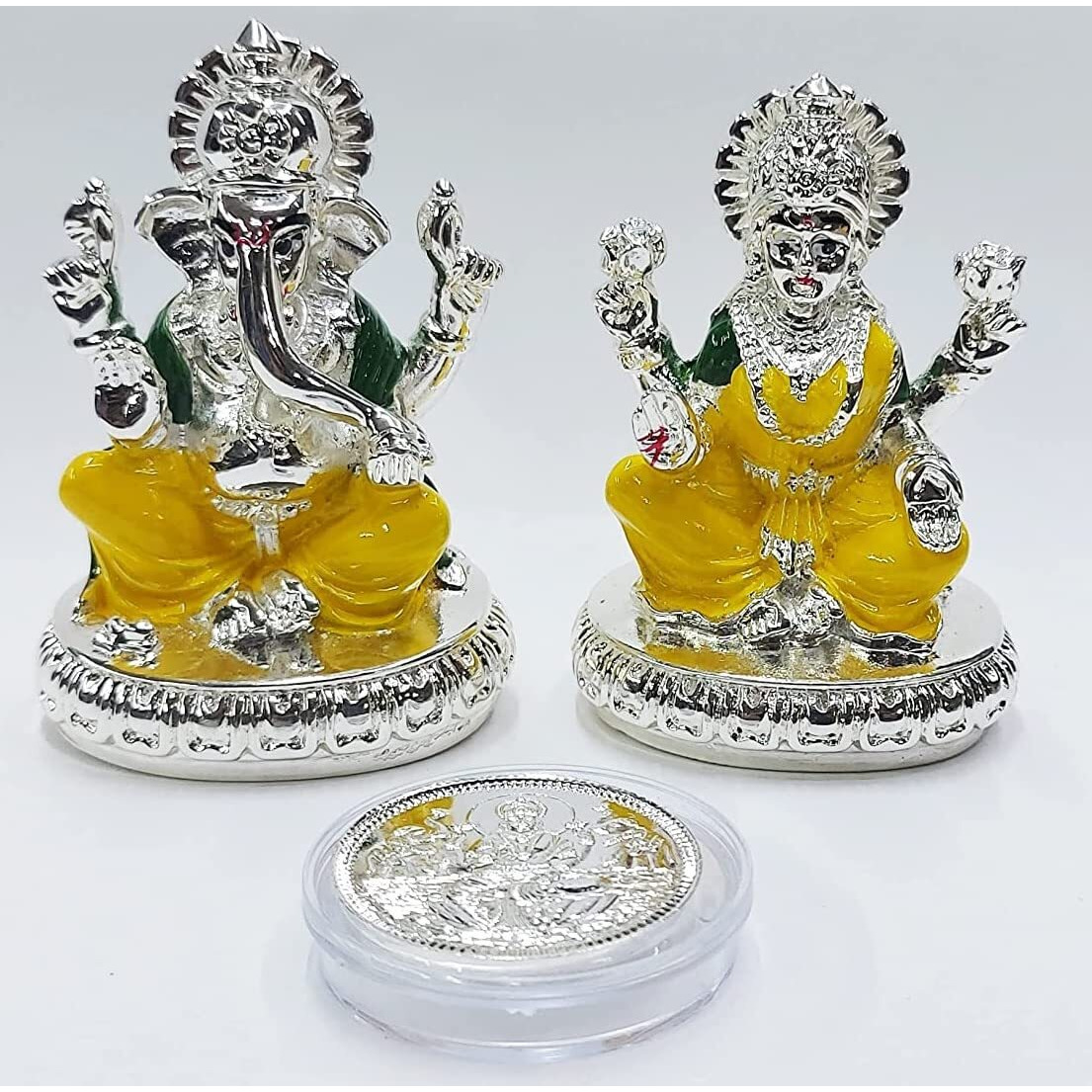 Gold Art India Silver plated laxmi ganesha idol with yellow enamel color work with gold plated coin | for Diwali | Laxmi poojan | Diwali Pooja | Gifting (New chakra ganesha laxmi Silver)