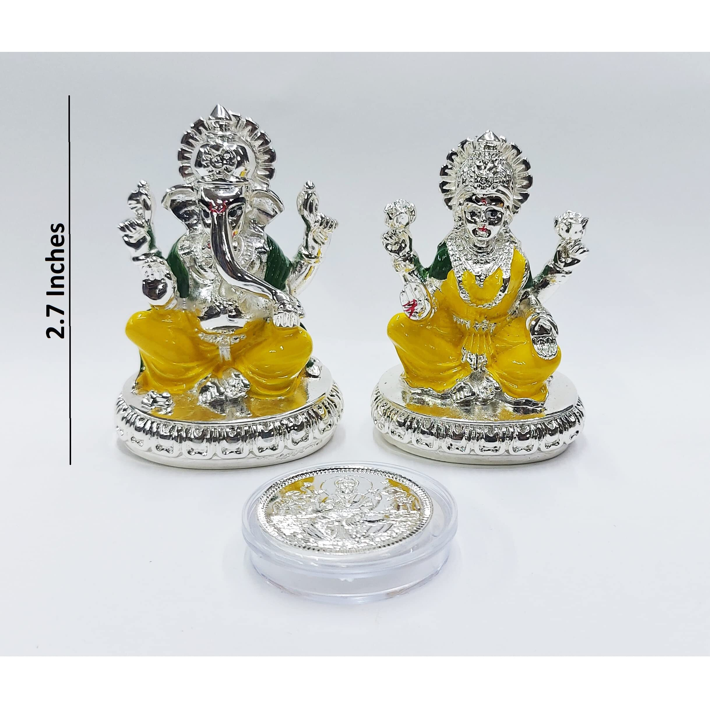 Gold Art India Silver plated laxmi ganesha idol with yellow enamel color work with gold plated coin | for Diwali | Laxmi poojan | Diwali Pooja | Gifting (New chakra ganesha laxmi Silver)