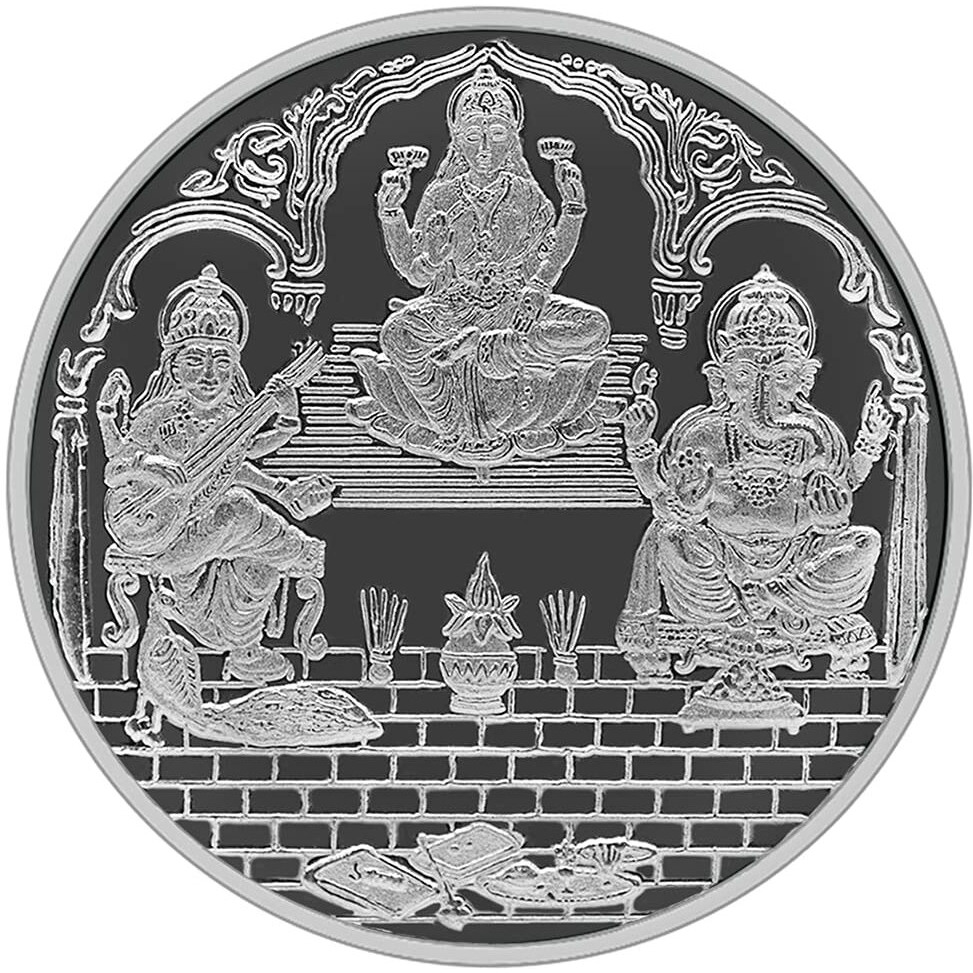 MAA SILVER 999 Purity Silver Trimurti | Laxmi/Lakshmi Ganpati/Ganesh & Saraswati Ji Coin/Sikka for Diwali|Dhanteras with Box for Gifting & Religious Use (5 Grams)