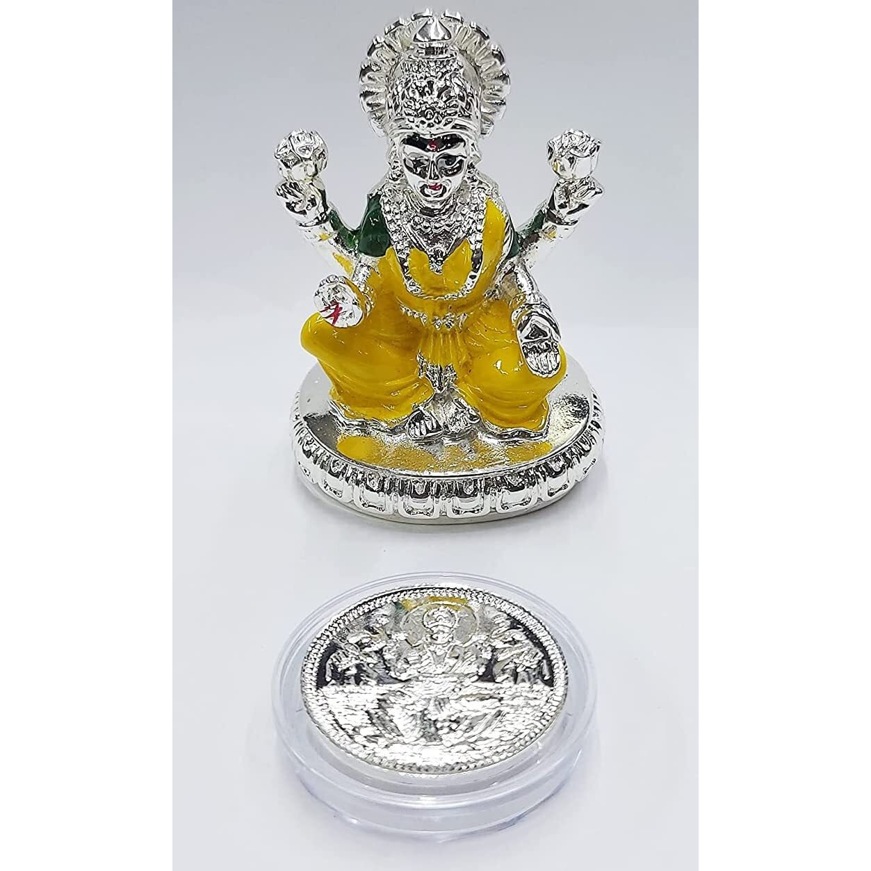 Gold Art India laxmi ji 999 Silver Plated idol in Yellow Enamel Color Work with Silver Plated Coin | for Diwali | Laxmi poojan | Diwali Pooja | Gifting (New Chakra laxmi Silver)