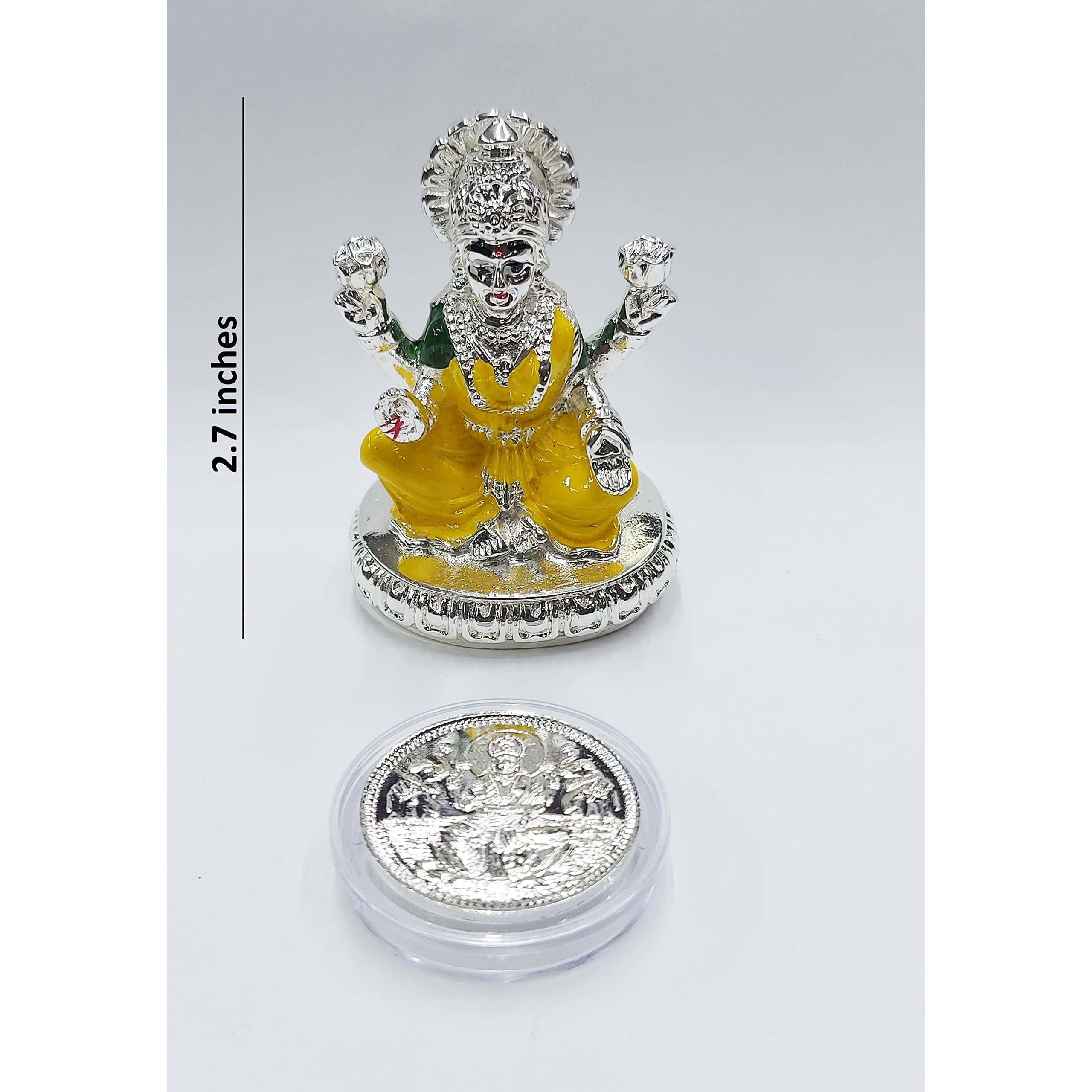 Gold Art India laxmi ji 999 Silver Plated idol in Yellow Enamel Color Work with Silver Plated Coin | for Diwali | Laxmi poojan | Diwali Pooja | Gifting (New Chakra laxmi Silver)