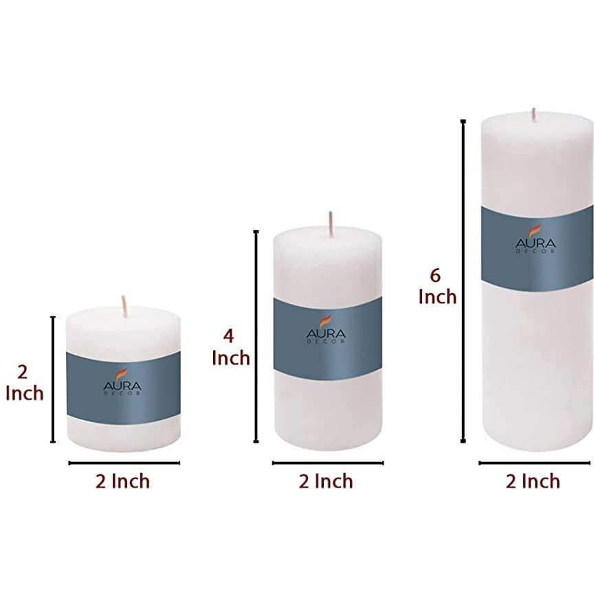 AuraDecor Unscented Pillar Candle Set of 3 | Votive Candles for Home Decor | Diwali Decoration Long Burning, Smokeless, Dripless | Parraffin Wax (2x2, 2x4, 2x6 Inches)