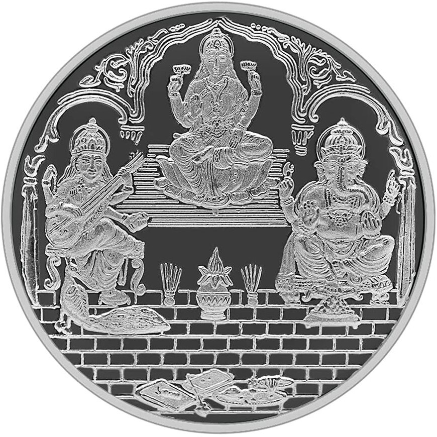 MAA SILVER 999 Purity Silver Trimurti | Laxmi/Lakshmi Ganpati/Ganesh & Saraswati Ji Coin/Sikka for Diwali|Dhanteras with Box for Gifting & Religious Use (2 Grams)
