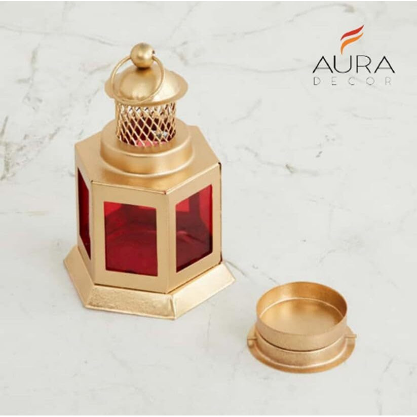 Auradecor Moroccan Lantern, Tealight Candle Holder with Tealight Candle for Home Decor Home Decor and Gift, Diwali, Festival, Indoor & Outdoor Use (Red, Pack of 1)