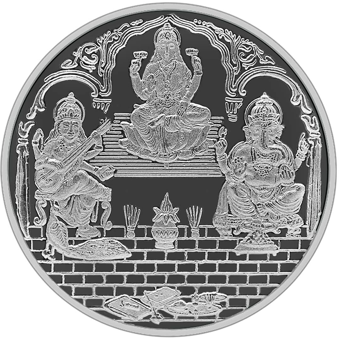 MAA SILVER 999 Purity Silver Trimurti | Laxmi/Lakshmi Ganpati/Ganesh & Saraswati Ji Coin/Sikka for Diwali|Dhanteras with Box for Gifting & Religious Use (10 Grams)
