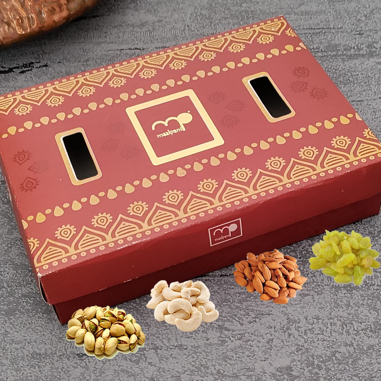 Maalpani Corporate Dry Fruits Gift Hamper Box, Gift Hamper Box Pack, Diwali Festival, 200g (50g Each Kaju, Badaam, Kishmish, Pista) Pack of 1, for Family/Friends/Office/Clients