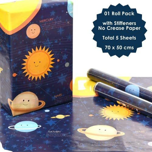 eVincE - Thoughtful Presentations Solar System Gift Wrapping Paper With Facts | 5 Sheets, 50 X 70 Cms | Birthday Astronaut Space Theme Christmas Diwali Gifts | Scrapbook Craft Papers