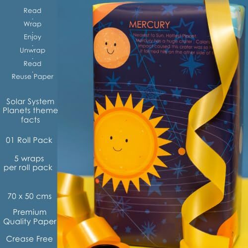 eVincE - Thoughtful Presentations Solar System Gift Wrapping Paper With Facts | 5 Sheets, 50 X 70 Cms | Birthday Astronaut Space Theme Christmas Diwali Gifts | Scrapbook Craft Papers