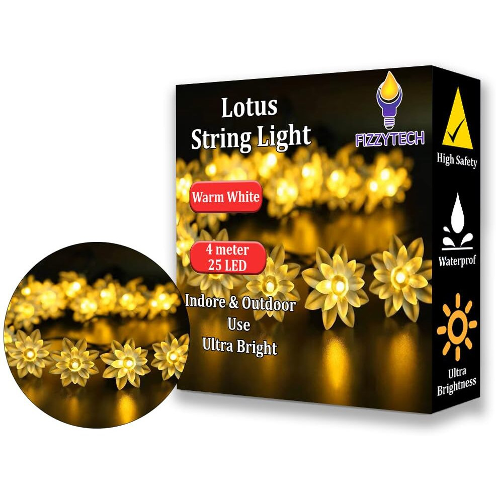 Fizzytech 25 Led Lotus Flower Decoration Lights Plug In Fairy String Lights Diwali Christmas Home Decoratve Lights (4 Meter Warm White) - Plastic
