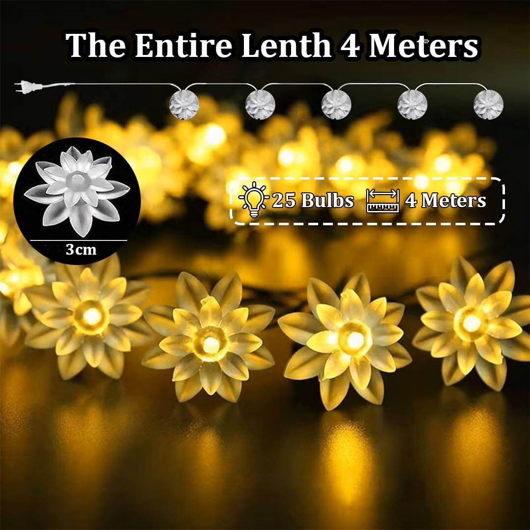 Fizzytech 25 Led Lotus Flower Decoration Lights Plug In Fairy String Lights Diwali Christmas Home Decoratve Lights (4 Meter Warm White) - Plastic
