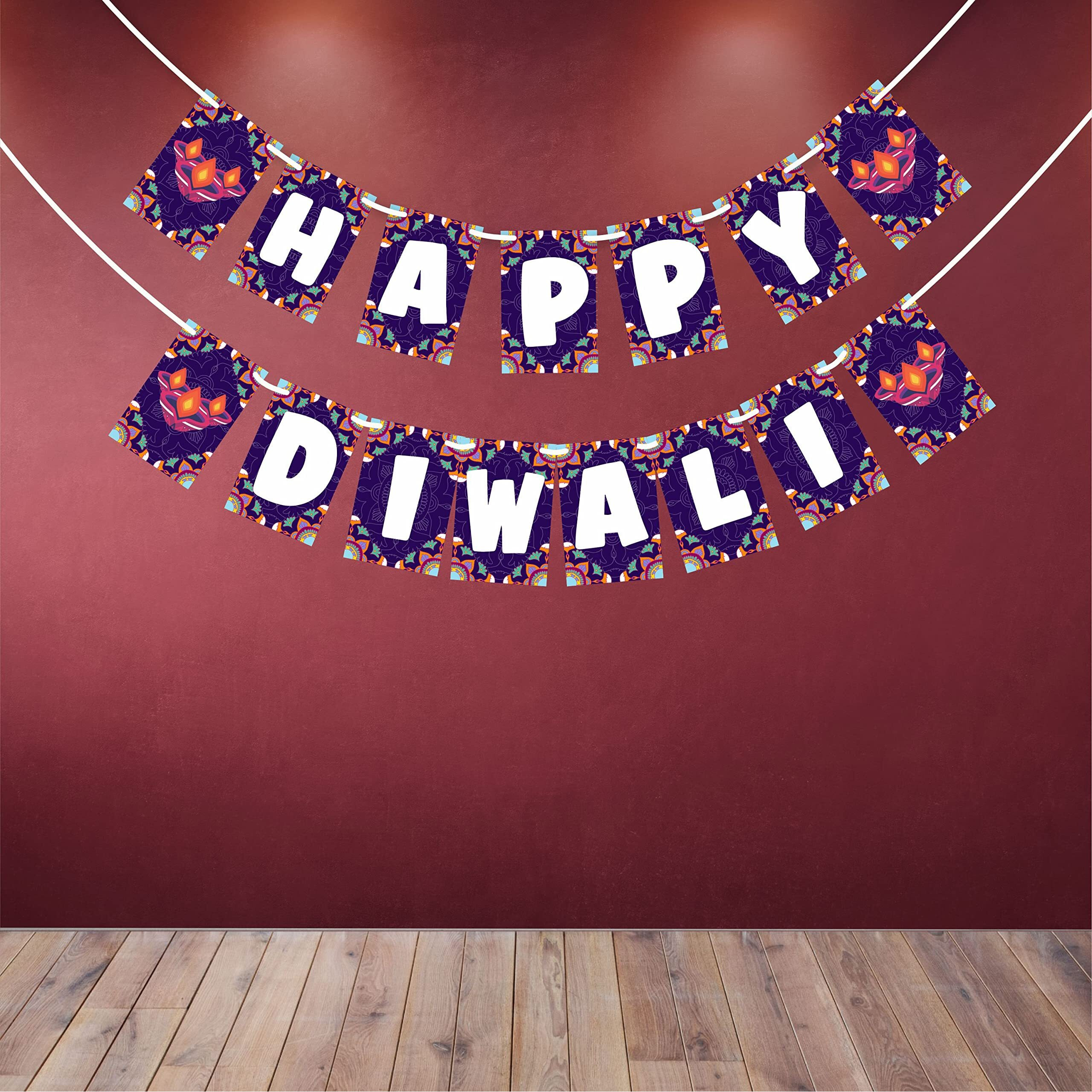WOBBOX Diwali Decoration Bunting Banner, Happy Diwali Blue Color Mandala Floral Design With White Font, Diwali Decoration Item, Diwali Dcor Items
