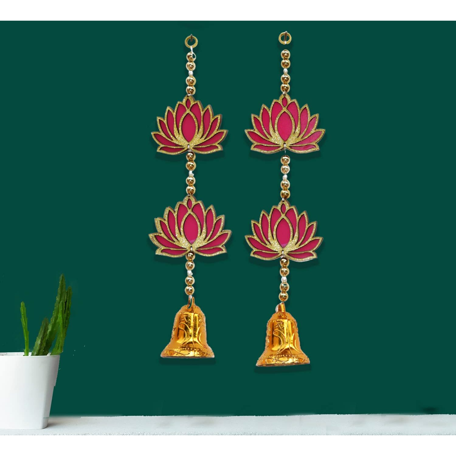 CraftVatika Lotus Floral Decoration with Bell Wall Hanging Strings for Home Decoration, Diwali, Wedding, All Festival Decoration, Decorative Item for Wall/Door/Window Hanging (2 Pcs)