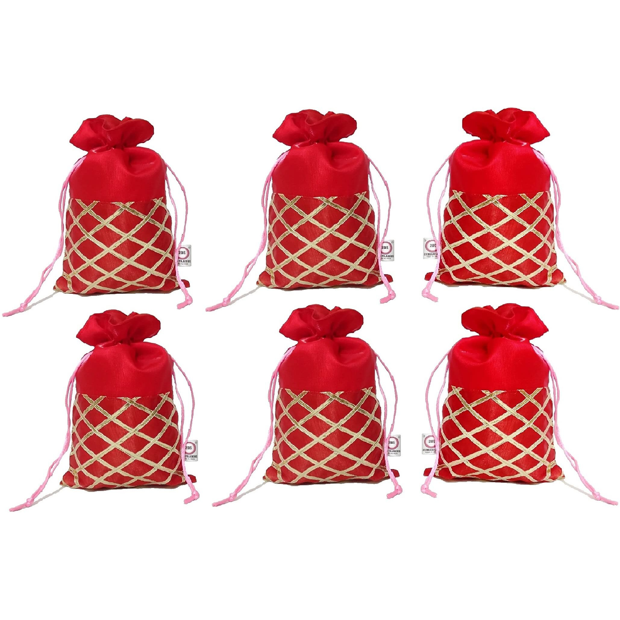 2DS Womens Gota Work Silk Potli Bags For Jewellery, Diwali Gifts Packing (Red) - Set of 25