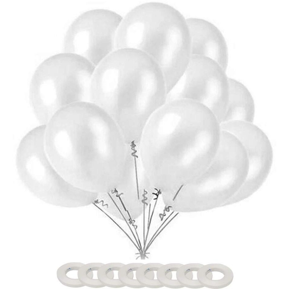 AMFIN (Pack Of 200) White Metallic Balloons with Matching Curling Ribbon for Birthday Decoration , Decoration for Weddings , Engagement , Decoration Items , 1st Birthday Party Decoration Items , Bachelo - rs Party , Office Party , Diwali , New Year Party , Christmas Decoration Items. - WHITE