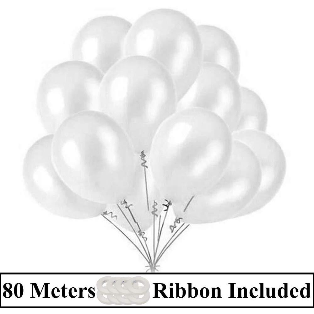 AMFIN (Pack Of 200) White Metallic Balloons with Matching Curling Ribbon for Birthday Decoration , Decoration for Weddings , Engagement , Decoration Items , 1st Birthday Party Decoration Items , Bachelo - rs Party , Office Party , Diwali , New Year Party , Christmas Decoration Items. - WHITE
