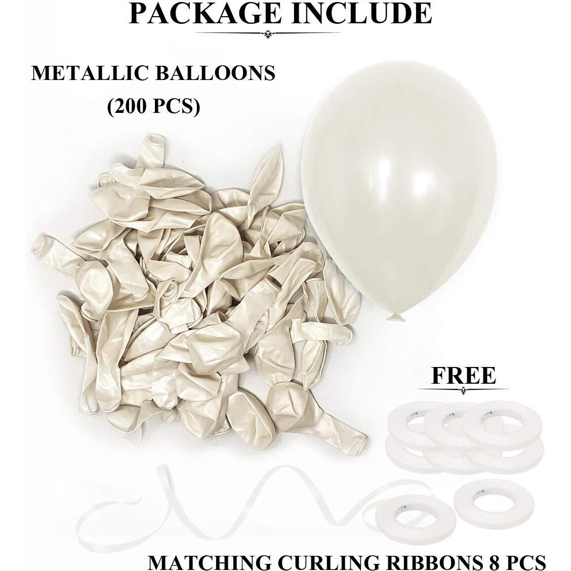 AMFIN (Pack Of 200) White Metallic Balloons with Matching Curling Ribbon for Birthday Decoration , Decoration for Weddings , Engagement , Decoration Items , 1st Birthday Party Decoration Items , Bachelo - rs Party , Office Party , Diwali , New Year Party , Christmas Decoration Items. - WHITE