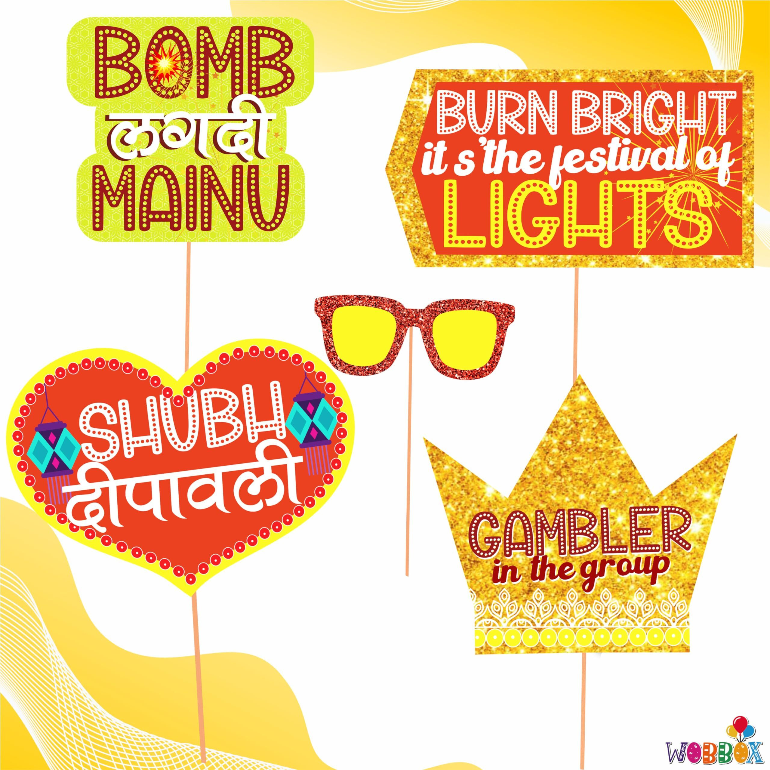 WOBBOX Diwali Decoration Happy Diwali Photo Booth Party Props, Yellow & Orange Colour, Diwali Decoration Item, Diwali Dcor Items (29 Pcs)