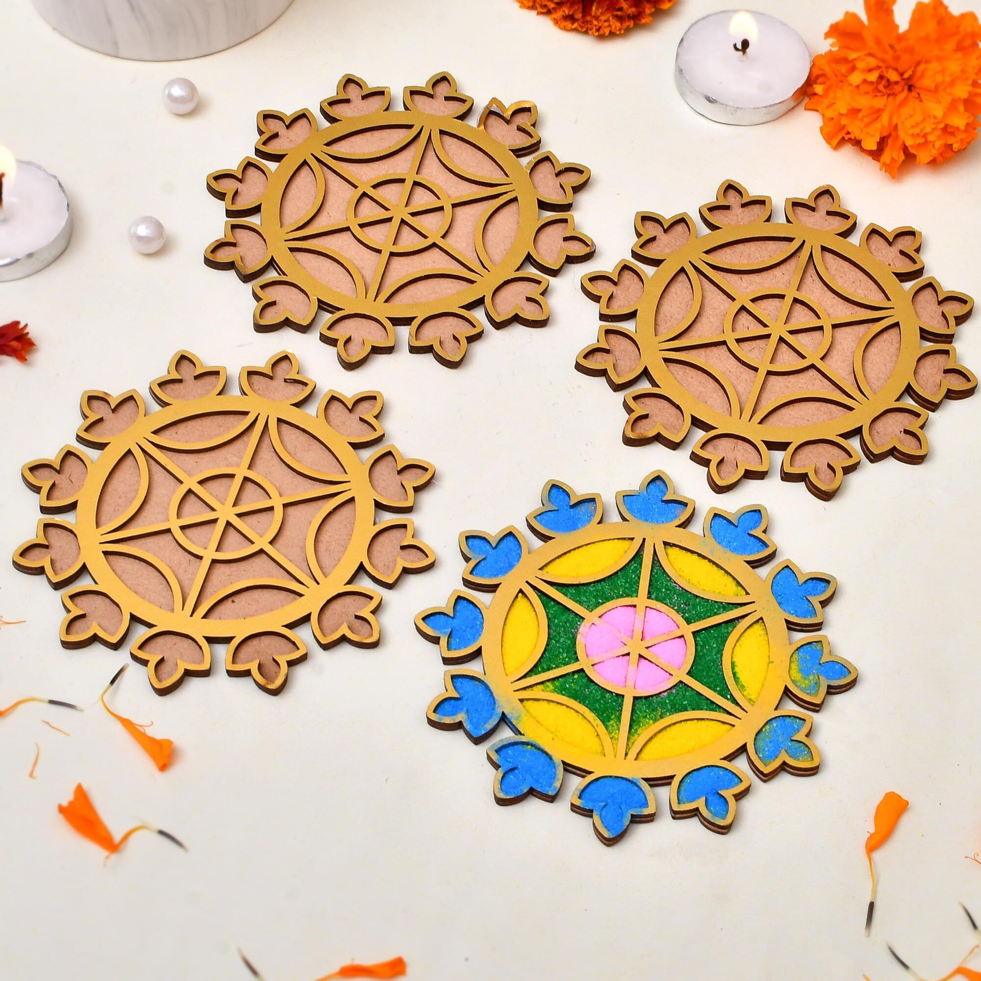 Rangoli Making Tools Kit, Rangoli Template for Diwali Decor, Reusable Poratable Floating Rangoli -Diwali Decoration Item for Home - Waterproof Rangoli Templete Office (Set of 4)