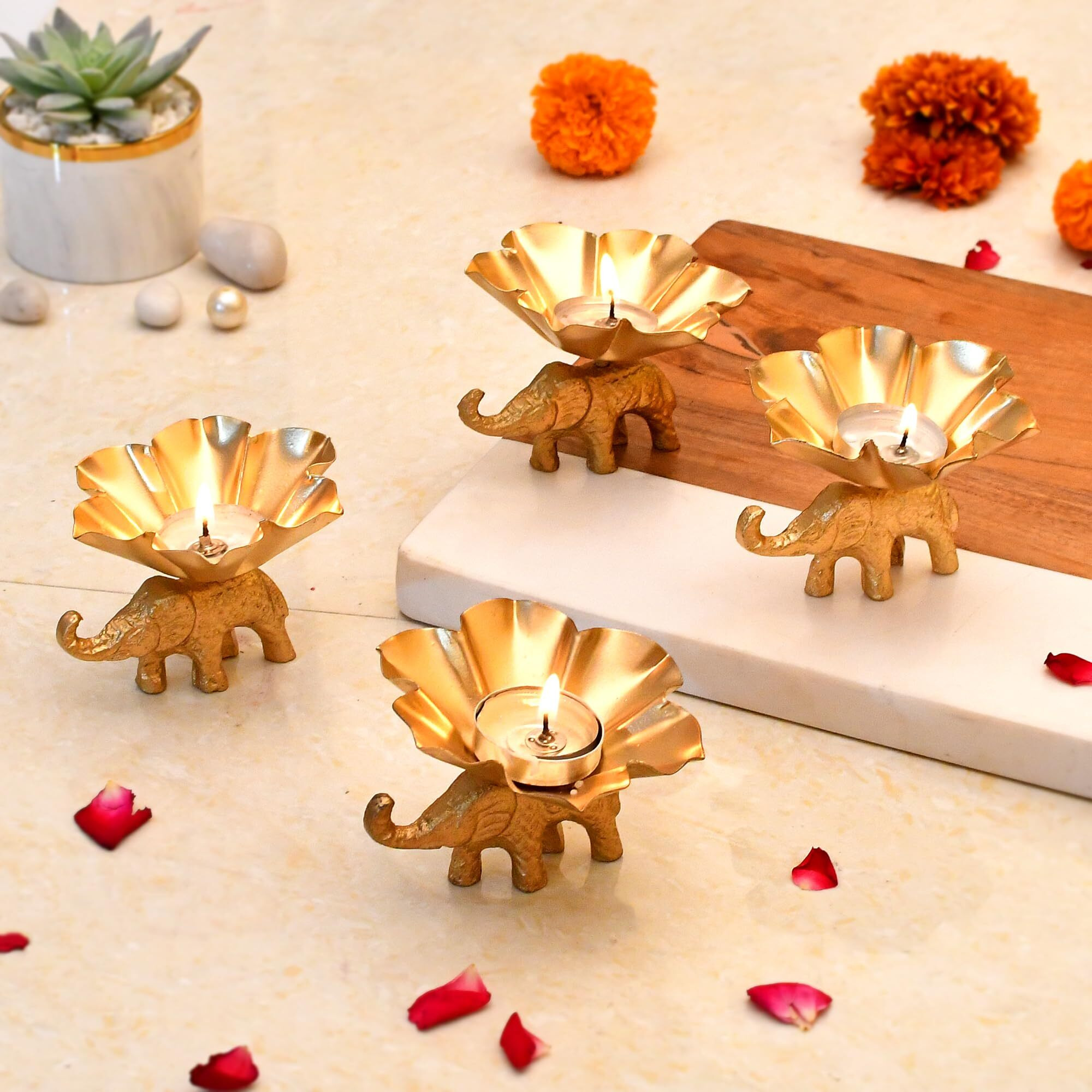 CraftVatika Elegant Metal Tea Light Candle Holder Set of 4 for Home Decor - Modern Design, Wedding & Diwali Decoration - Handcrafted Tabletop Decorative Holder - Indoor & Outdoor