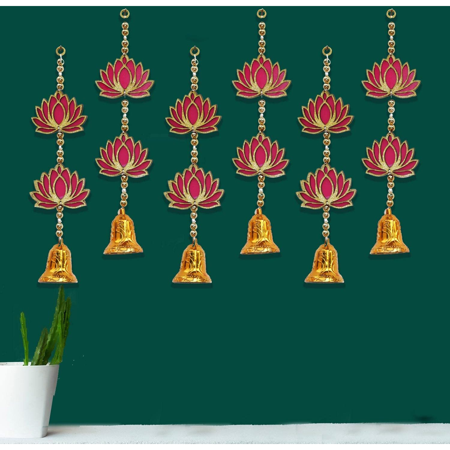 CraftVatika 6 Lotus Floral Decoration with Bell Wall Hanging Strings for Home Decoration, Diwali Decor, Wedding, Festival Decoration, Decorative Item for Wall/Door/Window Hanging (6 Pcs)