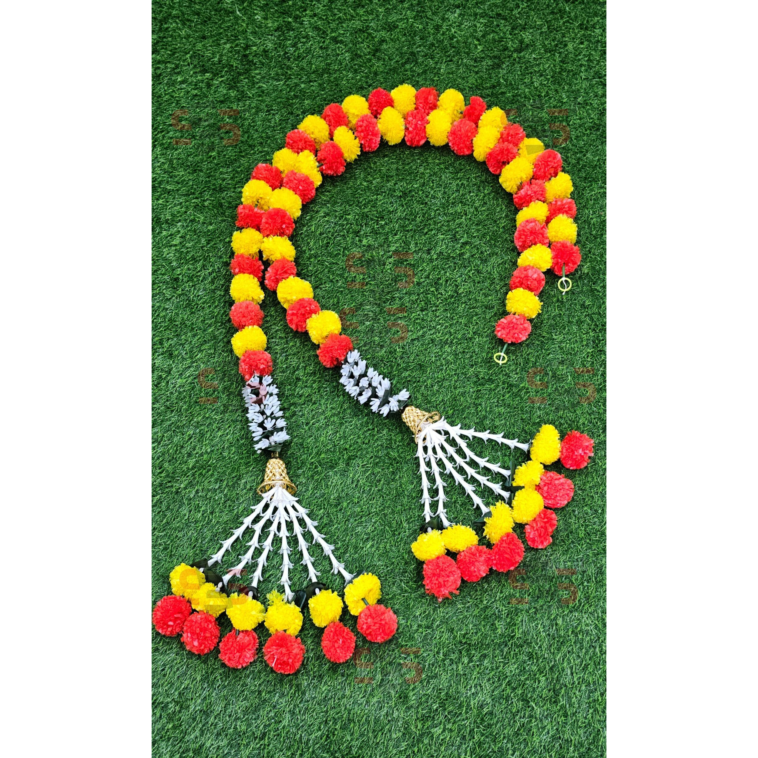 S2S Marigold Garland for Decoration Artificial Marigold Flowers Decorations Indian Dcor for Pooja, Wedding, Events, Diwali, Decor 2pcs (Orange & Yellow)