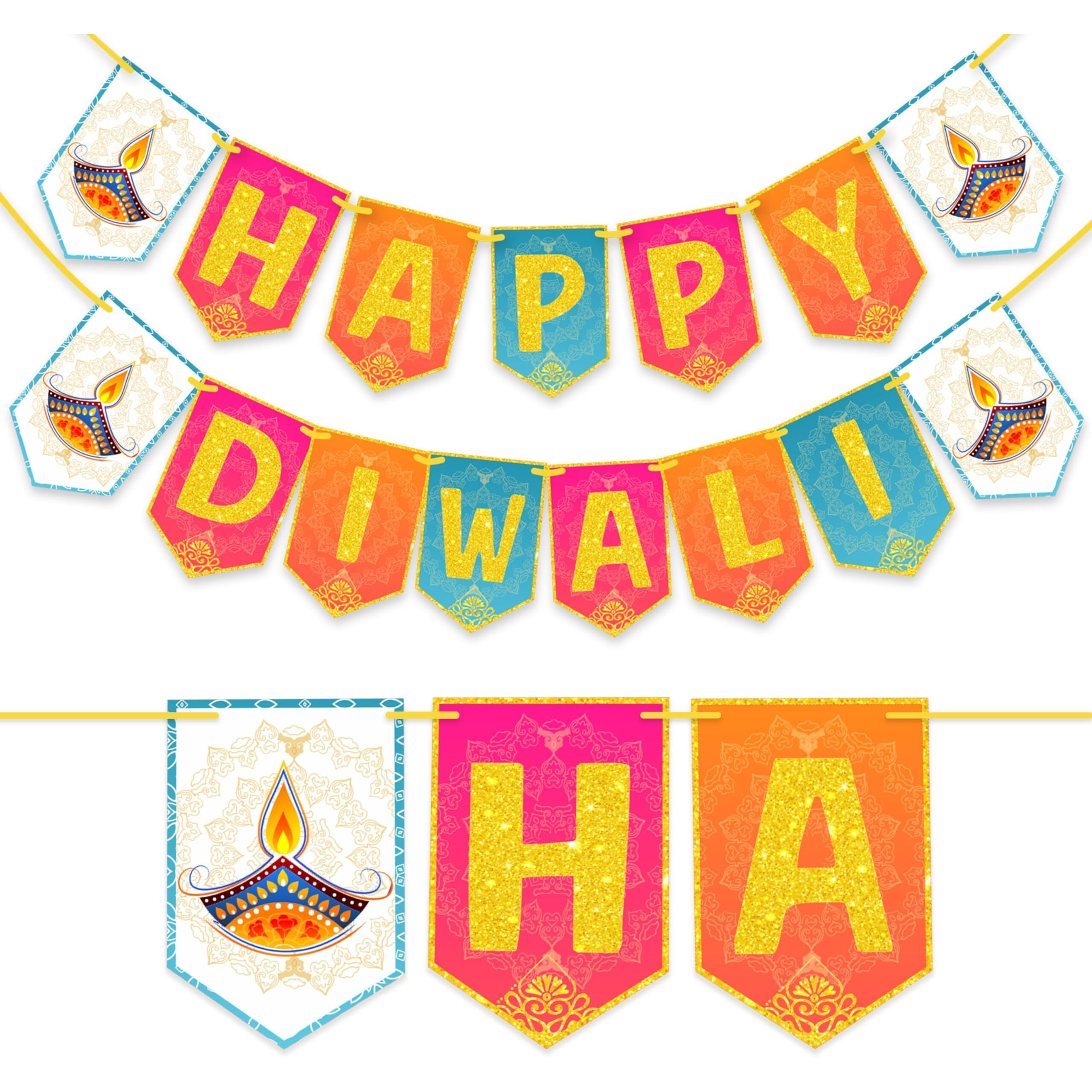 WOBBOX Diwali Decoration Bunting Banner, Happy Diwali Multi Color Background With Golden Gliter Font, Diwali Decoration Item, Diwali Dcor Items