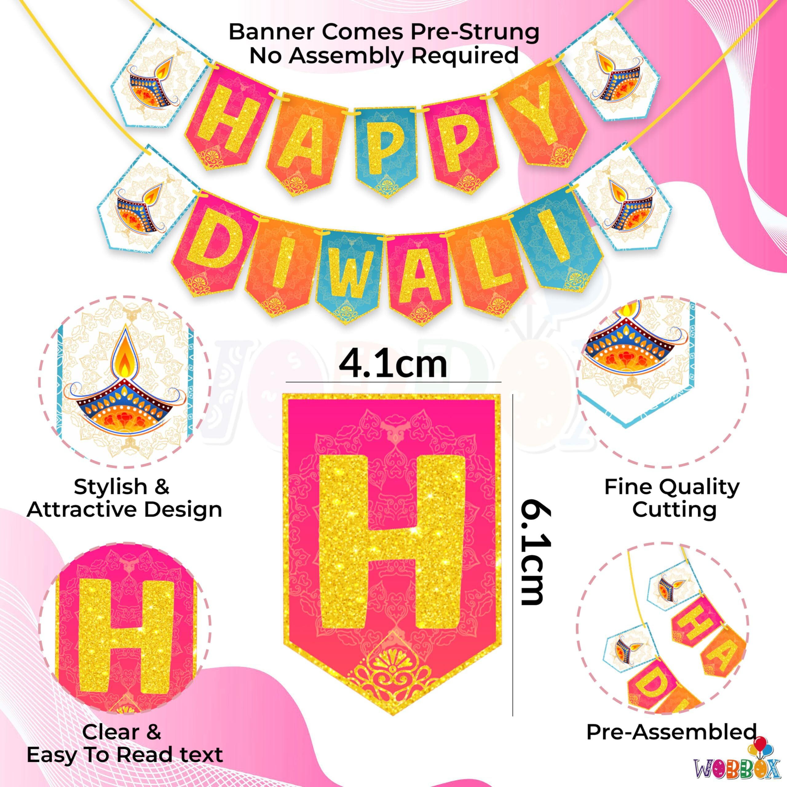 WOBBOX Diwali Decoration Bunting Banner, Happy Diwali Multi Color Background With Golden Gliter Font, Diwali Decoration Item, Diwali Dcor Items