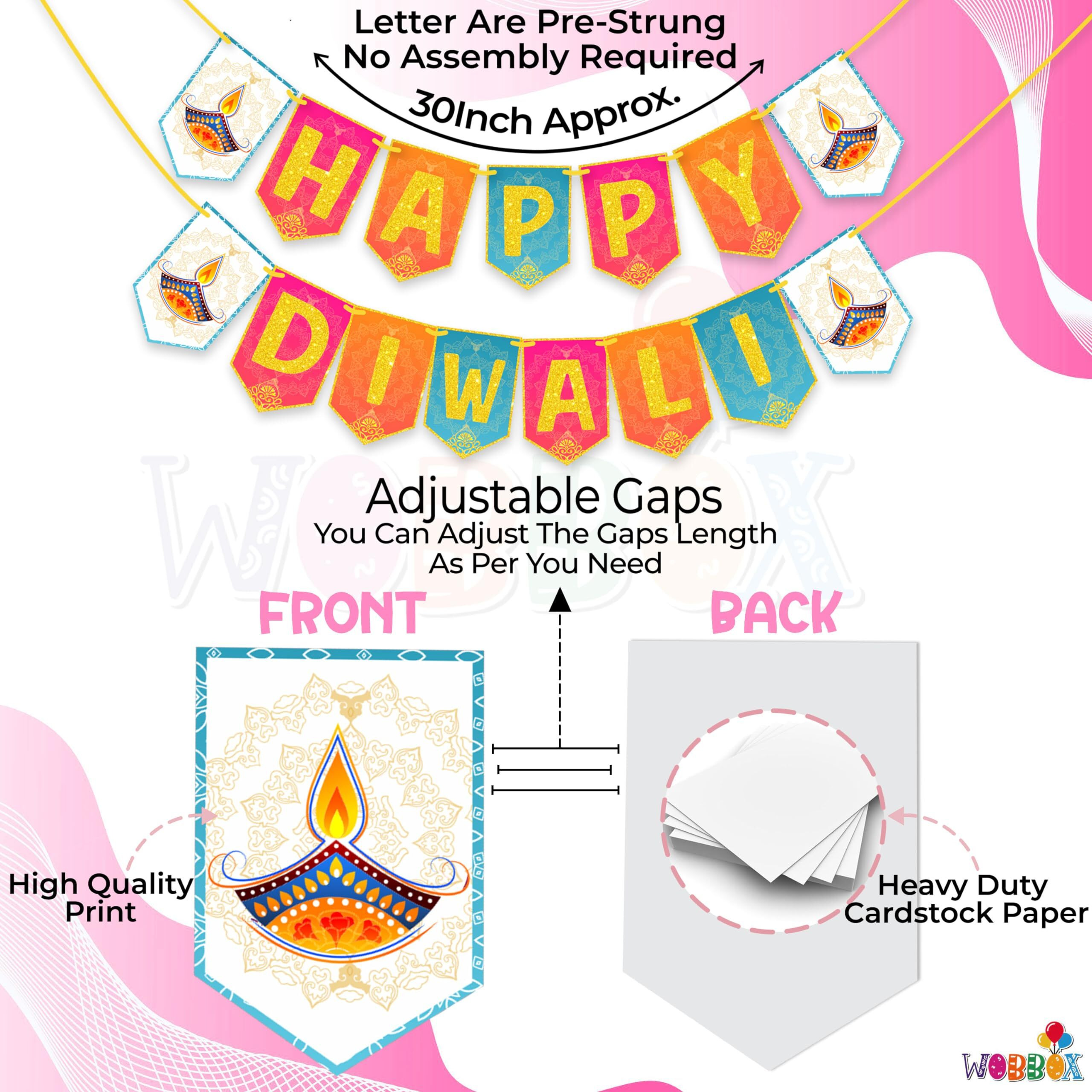 WOBBOX Diwali Decoration Bunting Banner, Happy Diwali Multi Color Background With Golden Gliter Font, Diwali Decoration Item, Diwali Dcor Items