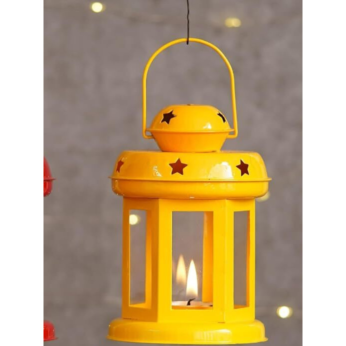 Auradecor Moroccan Lantern, Tealight Candle Holder with Tealight Candle for Home Decor Home Decor and Gift, Diwali, Festival, Indoor & Outdoor Use (Yellow, Lantern)