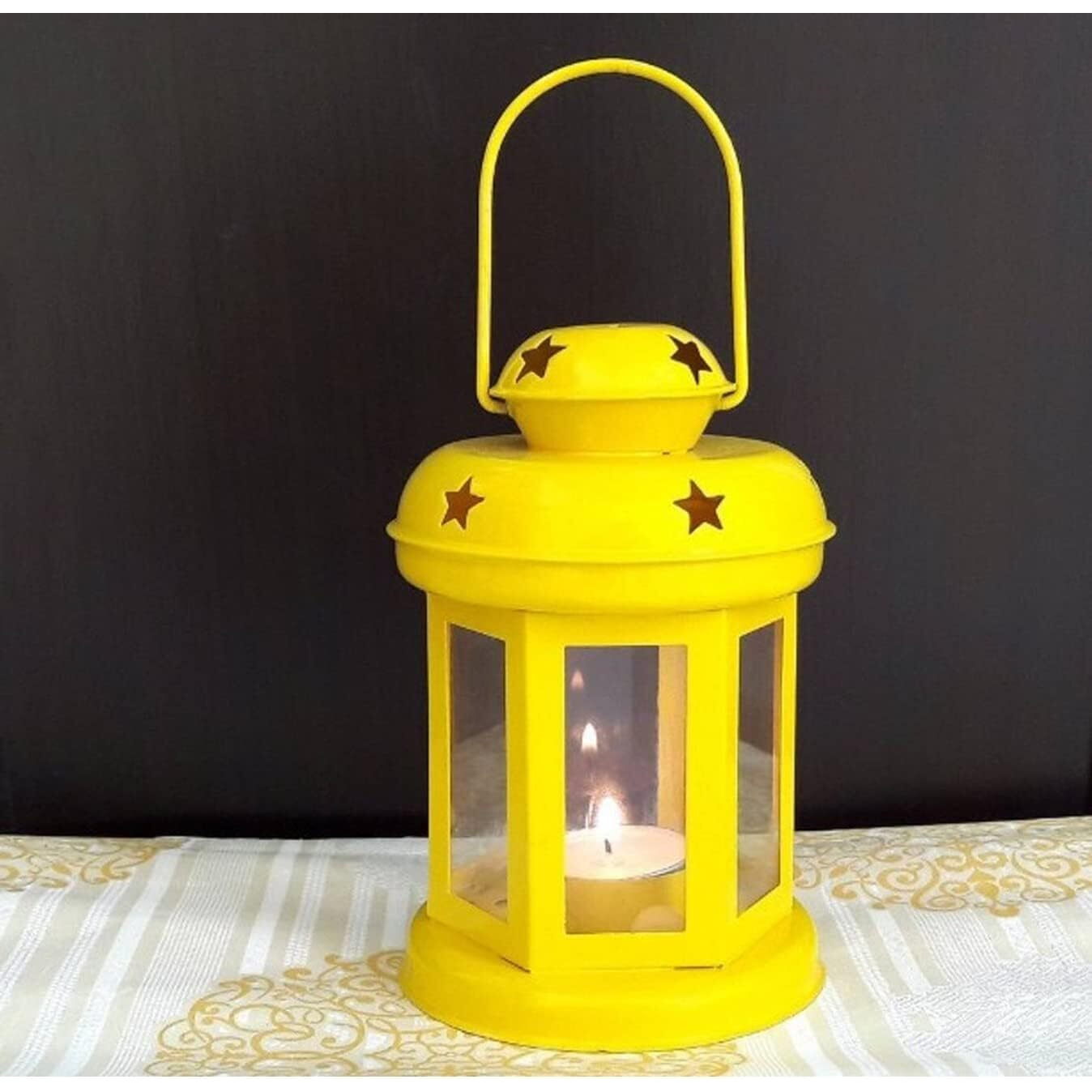 Auradecor Moroccan Lantern, Tealight Candle Holder with Tealight Candle for Home Decor Home Decor and Gift, Diwali, Festival, Indoor & Outdoor Use (Yellow, Lantern)