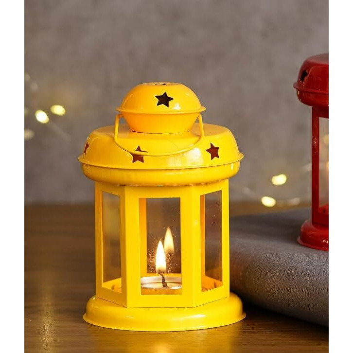 Auradecor Moroccan Lantern, Tealight Candle Holder with Tealight Candle for Home Decor Home Decor and Gift, Diwali, Festival, Indoor & Outdoor Use (Yellow, Lantern)